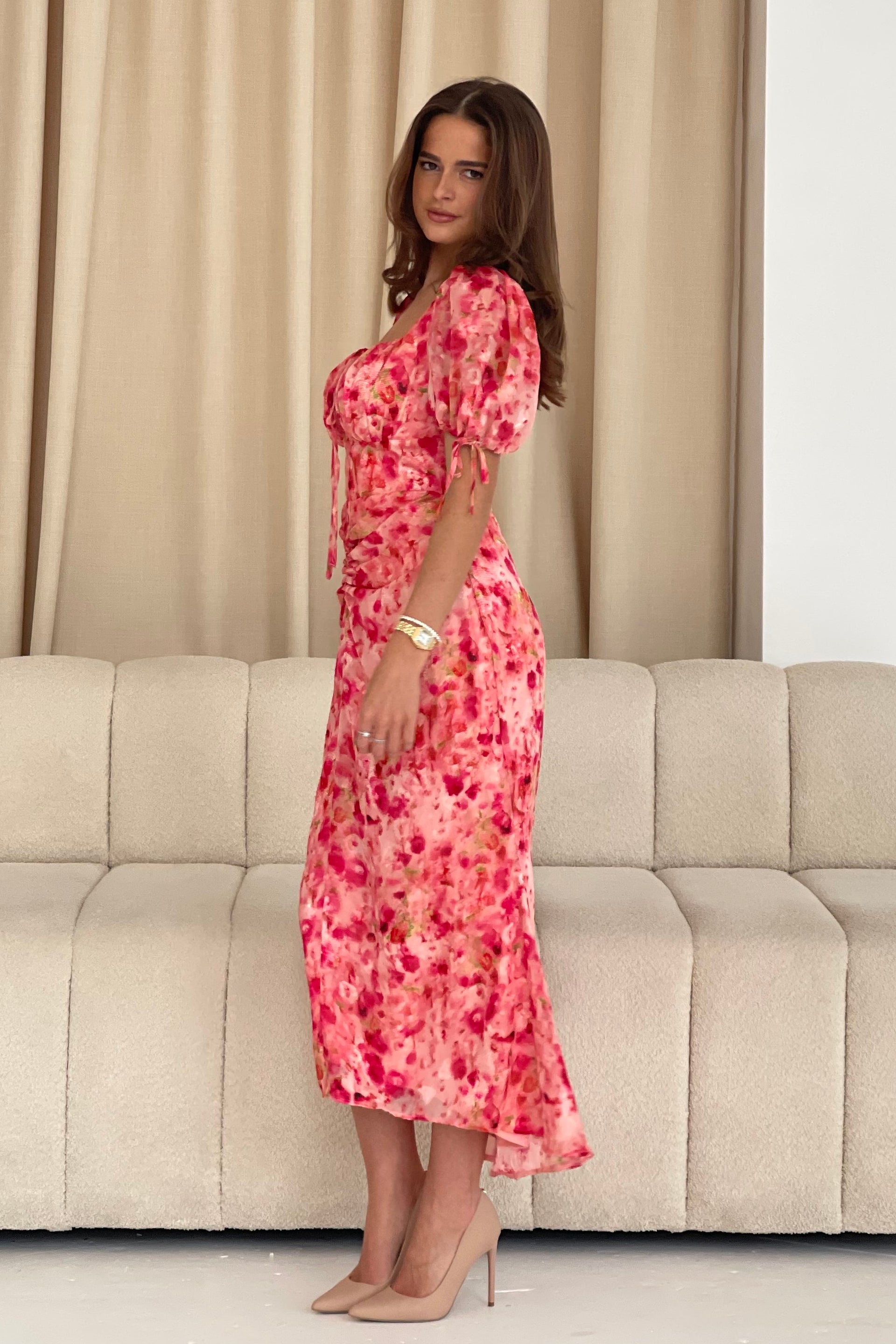 Dove Ruched Detail Midi Dress In Pink Burnout