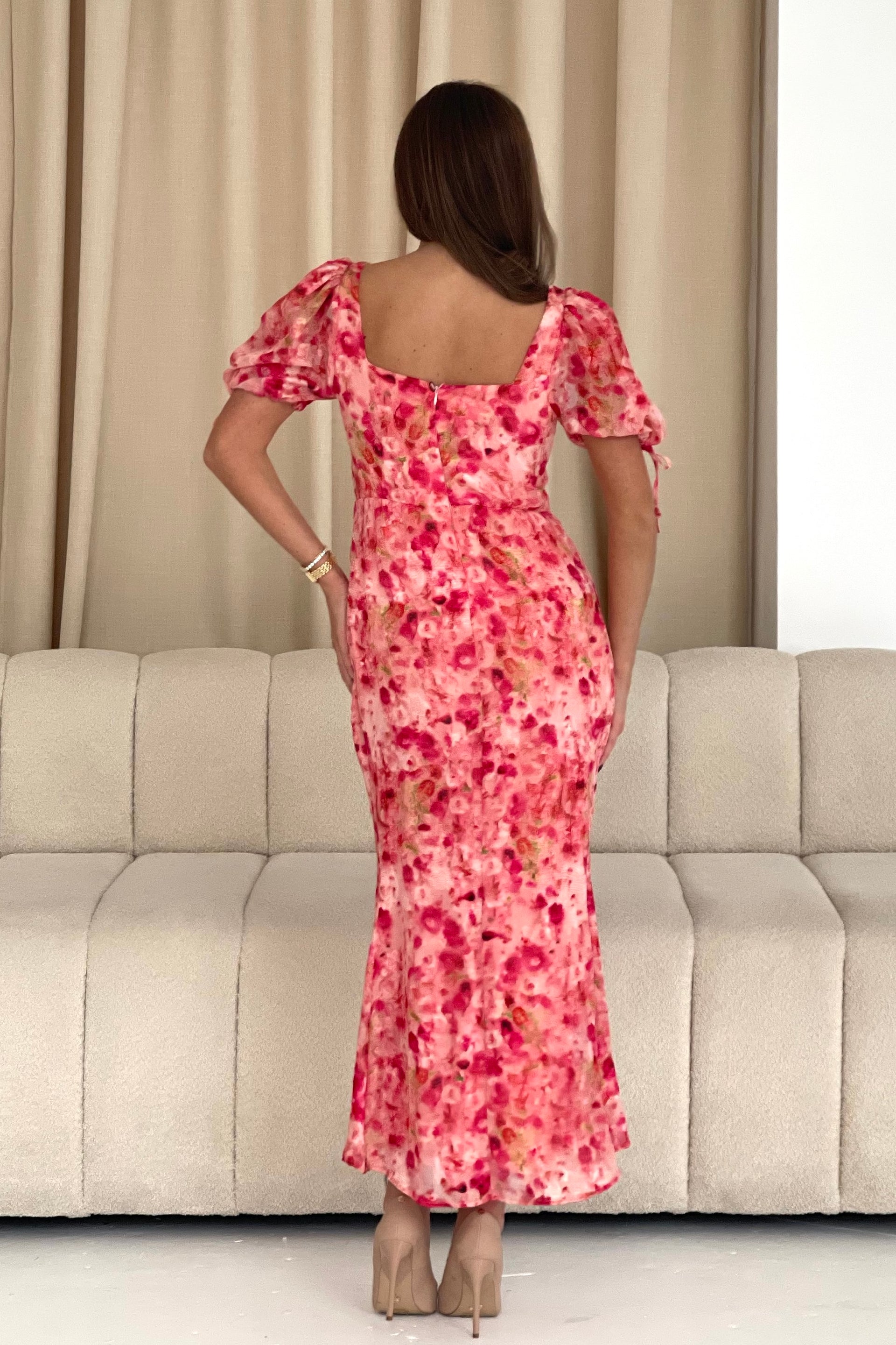 Dove Ruched Detail Midi Dress In Pink Burnout