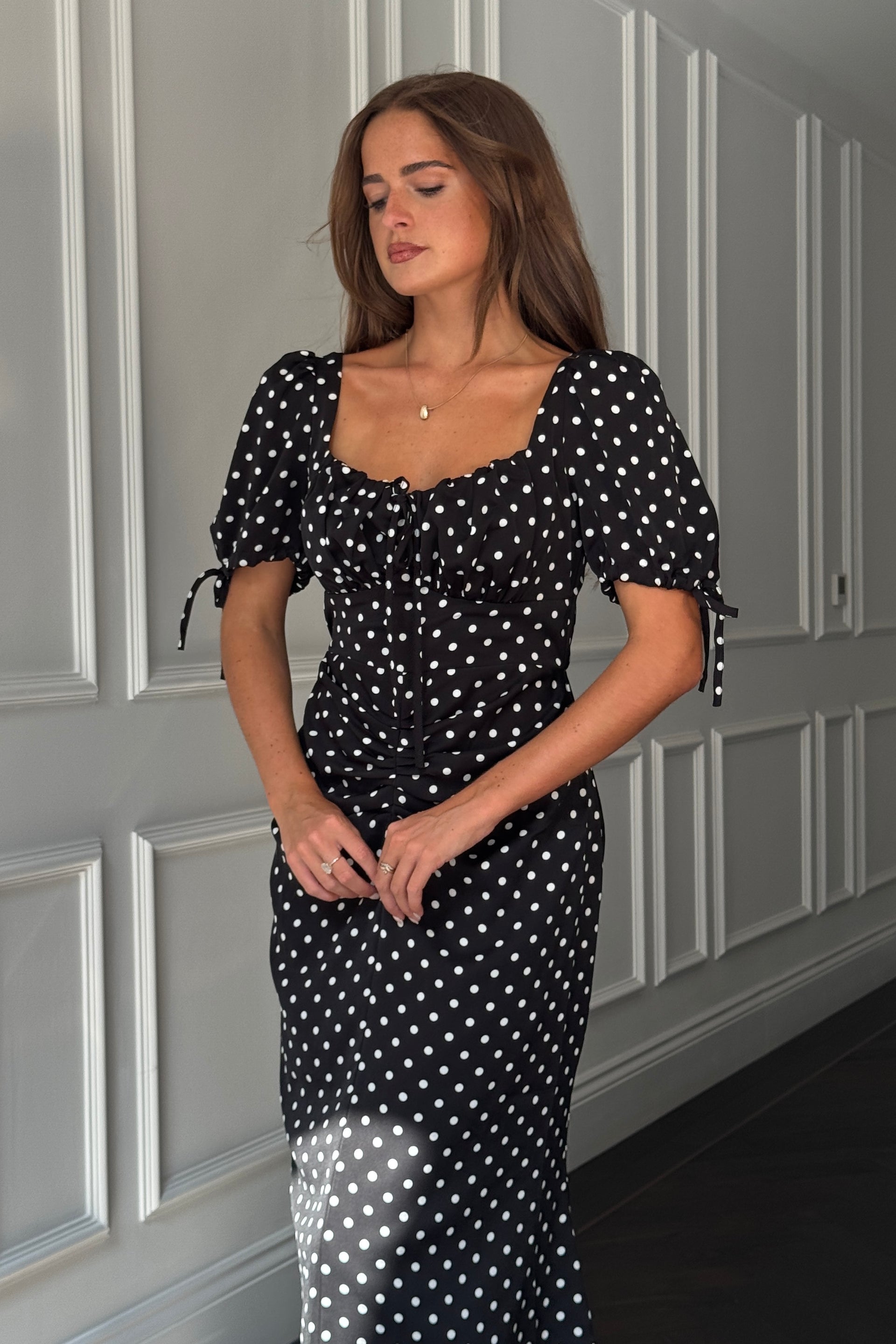 Dove Ruched Detail Midi Dress In Black Spot