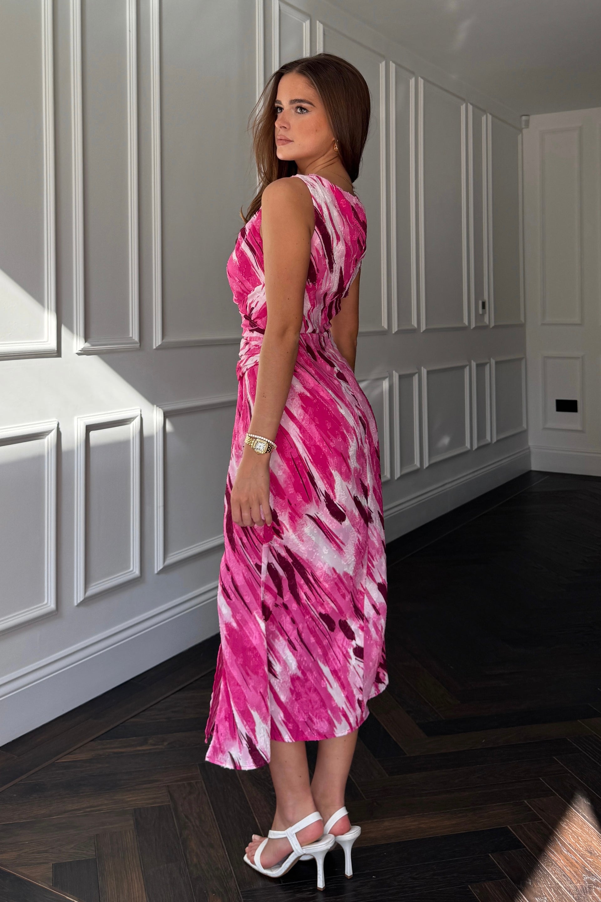 Bay Boat Neck Keyhole Detail Midi Dress Pink Burnout