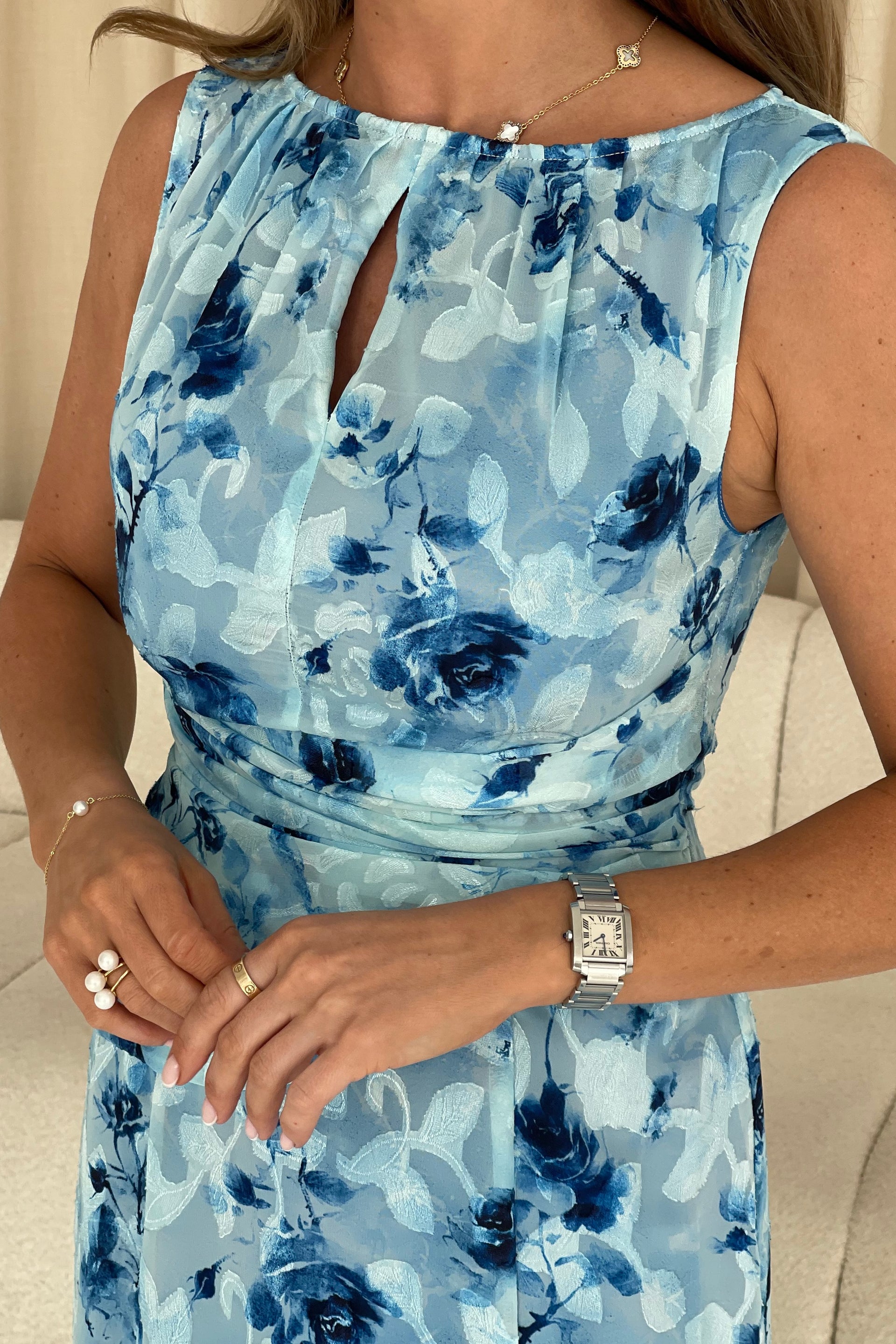 Bay Boat Neck Keyhole Detail Midi Dress Blue Floral
