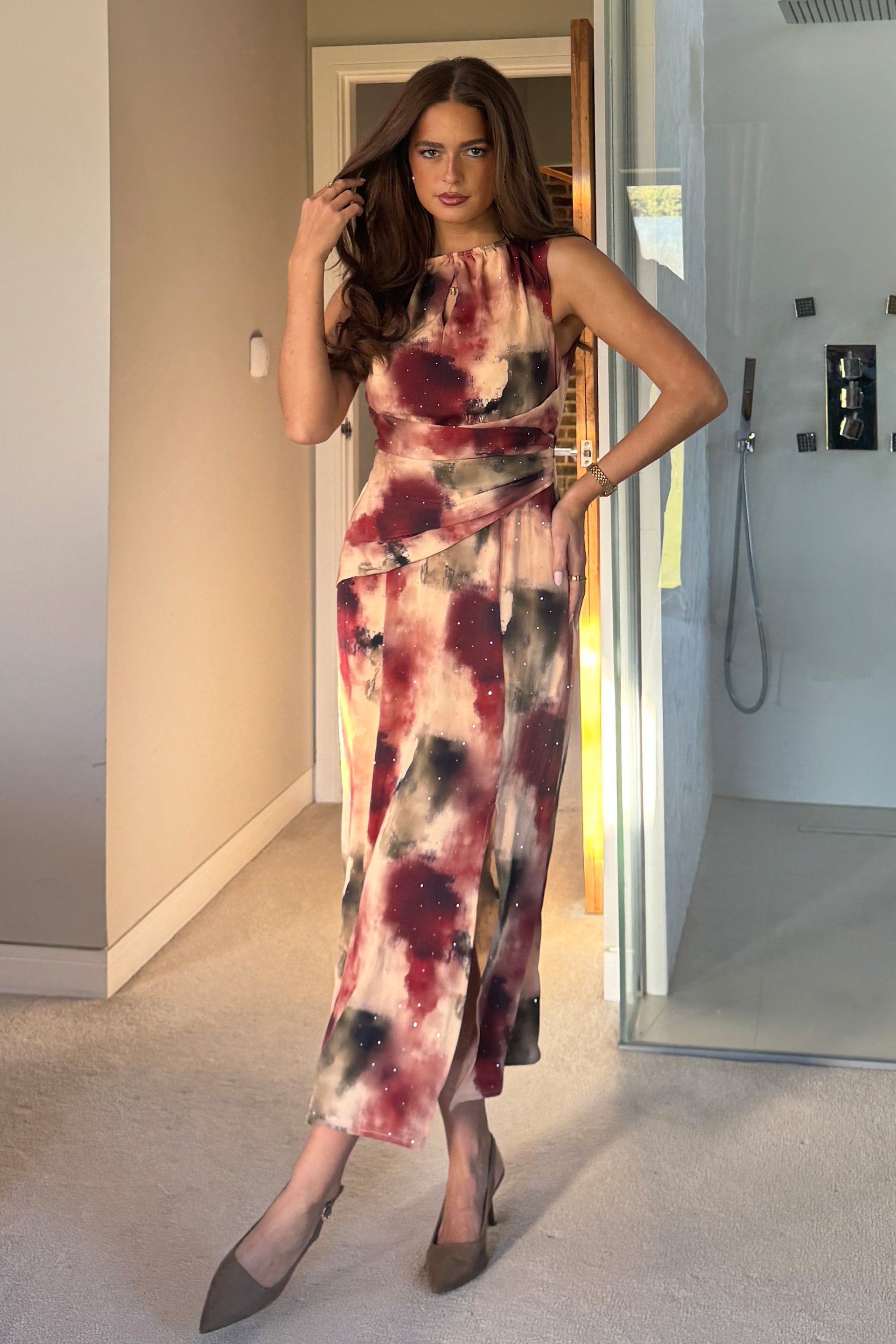 Bay Boat Neck Keyhole Detail Midi Dress Brown Abstract