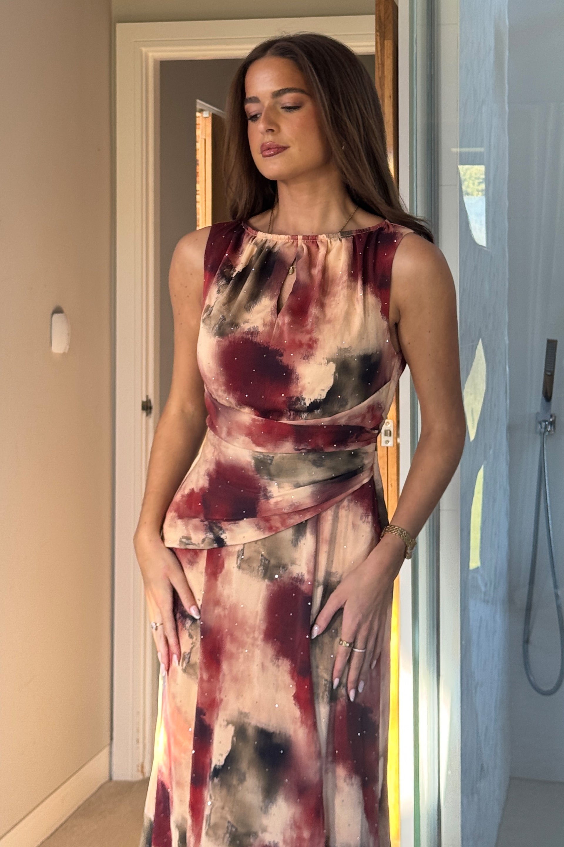 Bay Boat Neck Keyhole Detail Midi Dress Brown Abstract