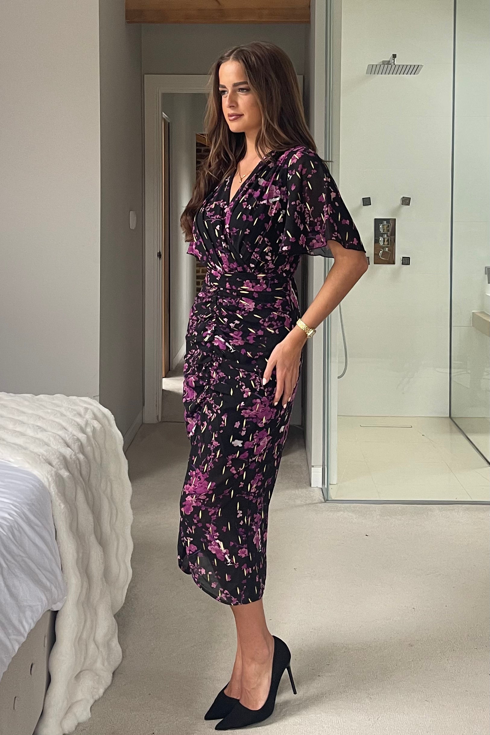 Blythe Foiled Floral Ruched Front Angel Sleeve Midi Dress