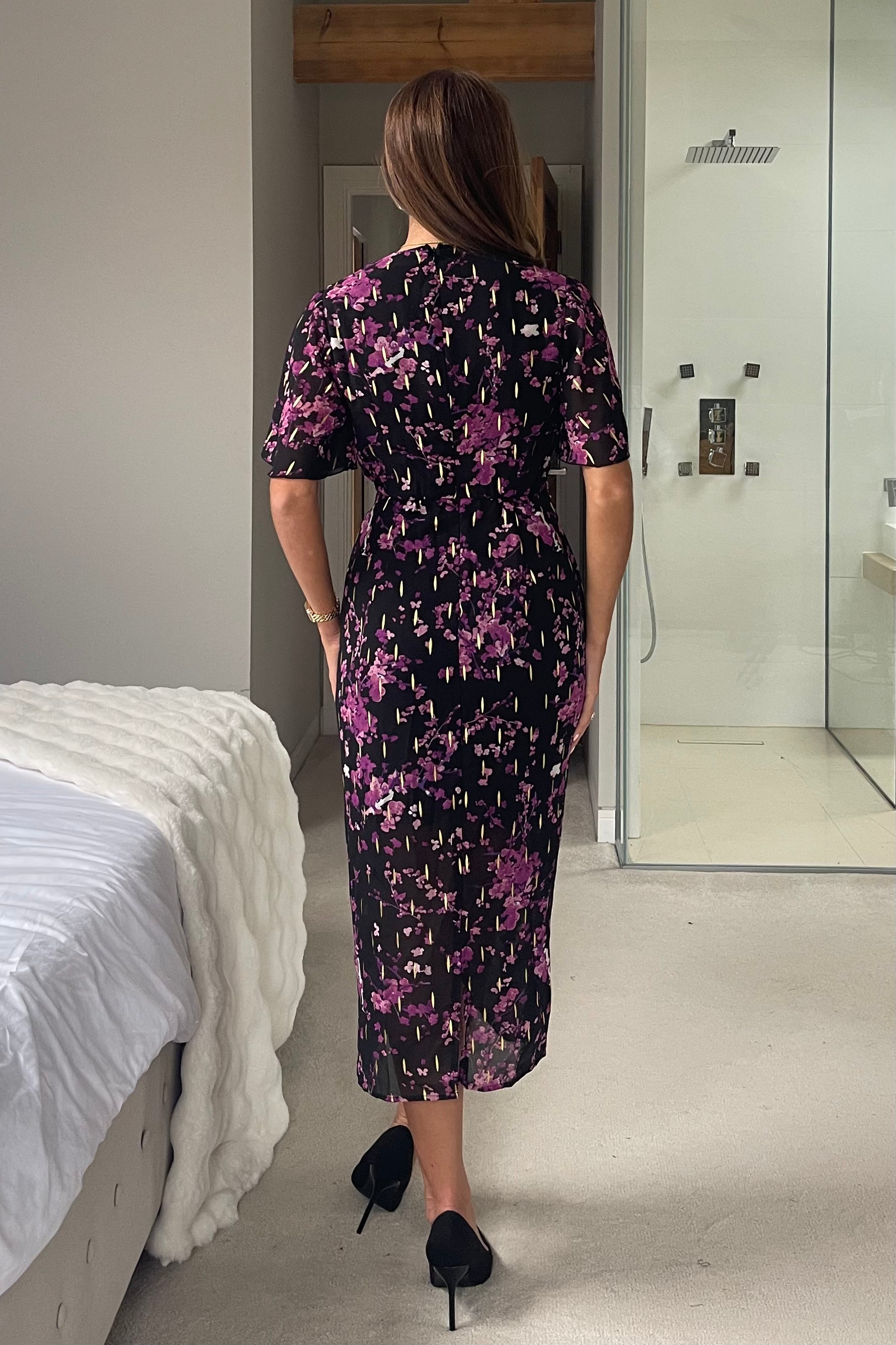 Blythe Foiled Floral Ruched Front Angel Sleeve Midi Dress