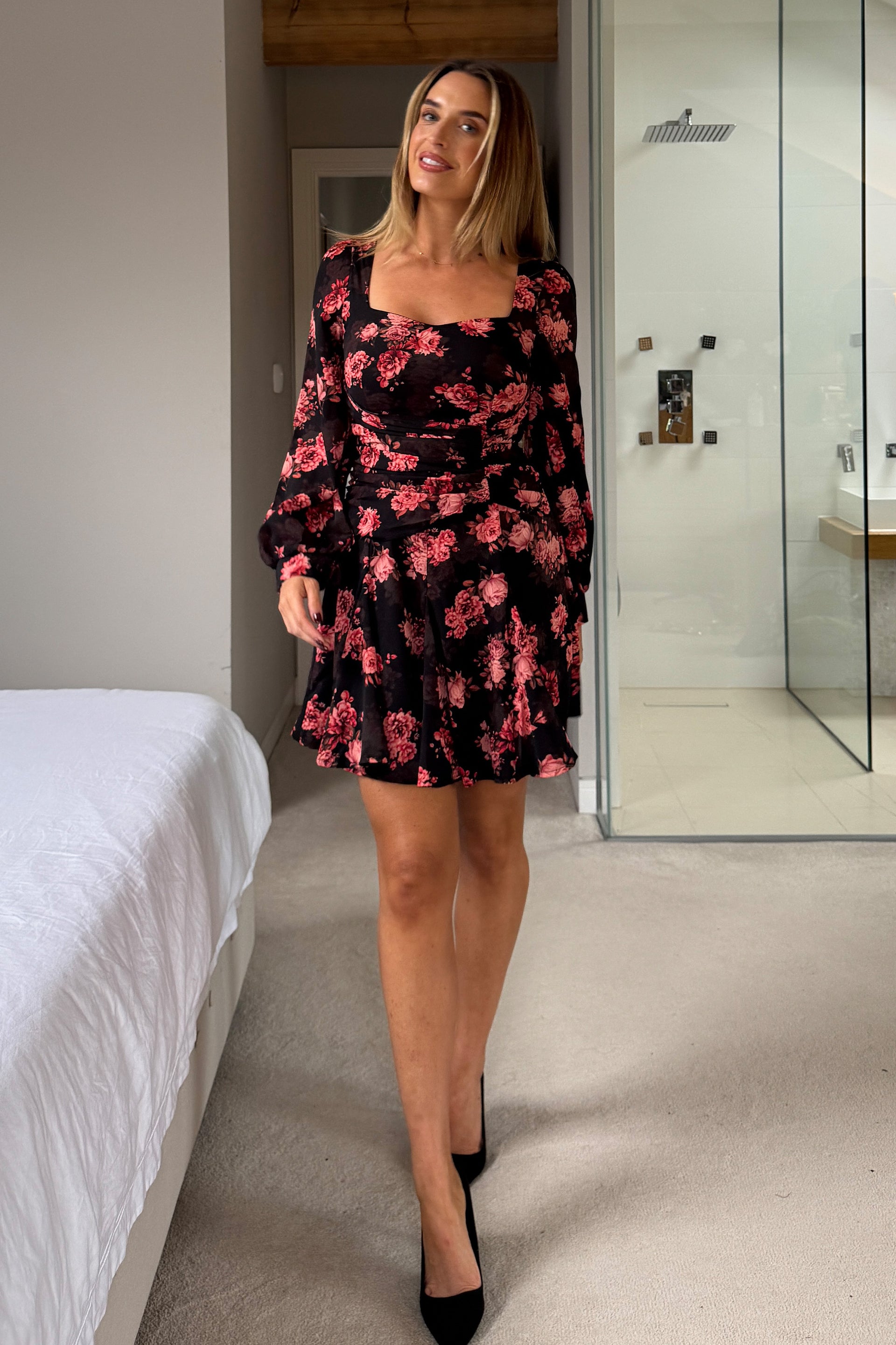 Effie Long Sleeve Sweetheart Neckline Mini Dress In Black Floral