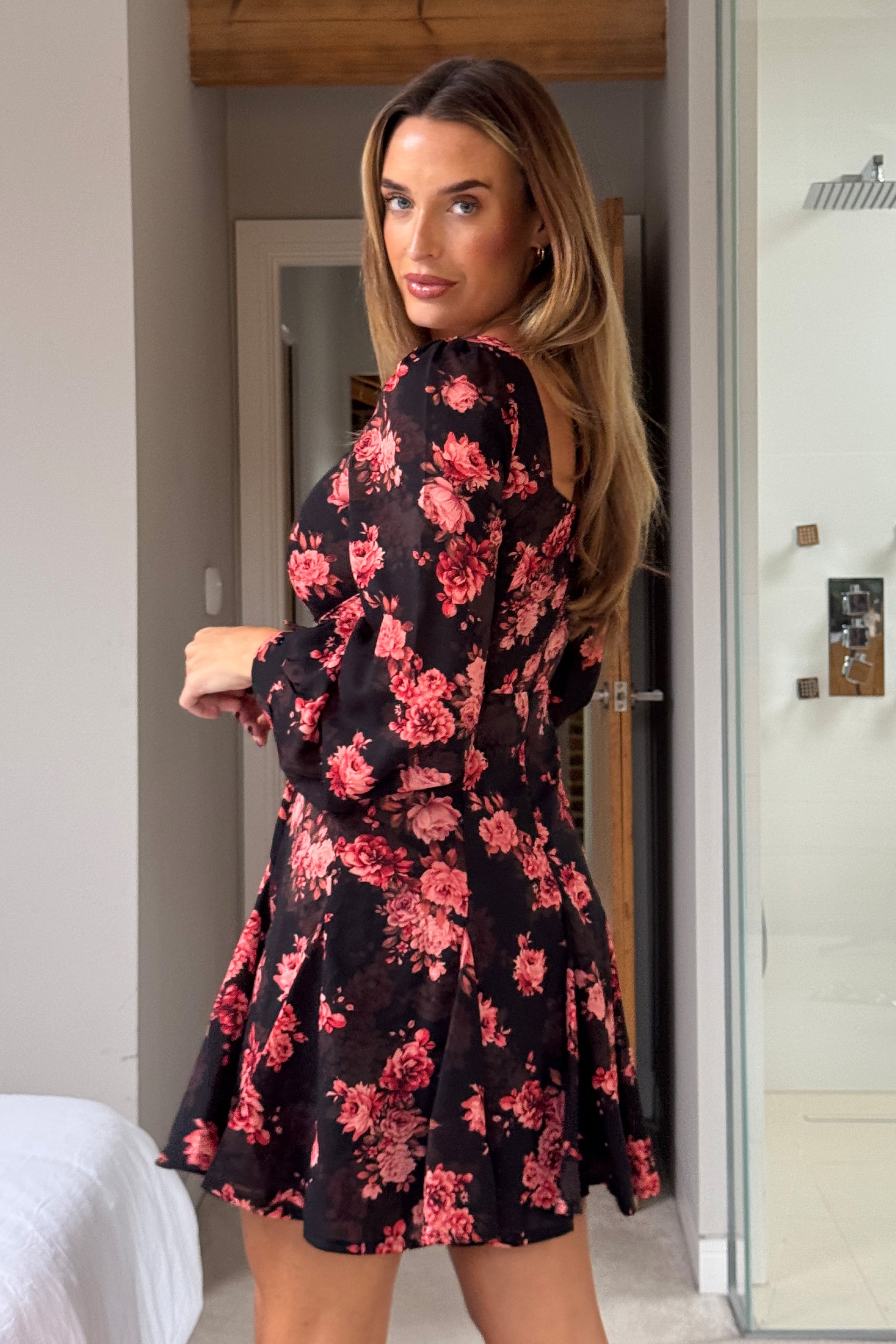 Effie Long Sleeve Sweetheart Neckline Mini Dress In Black Floral