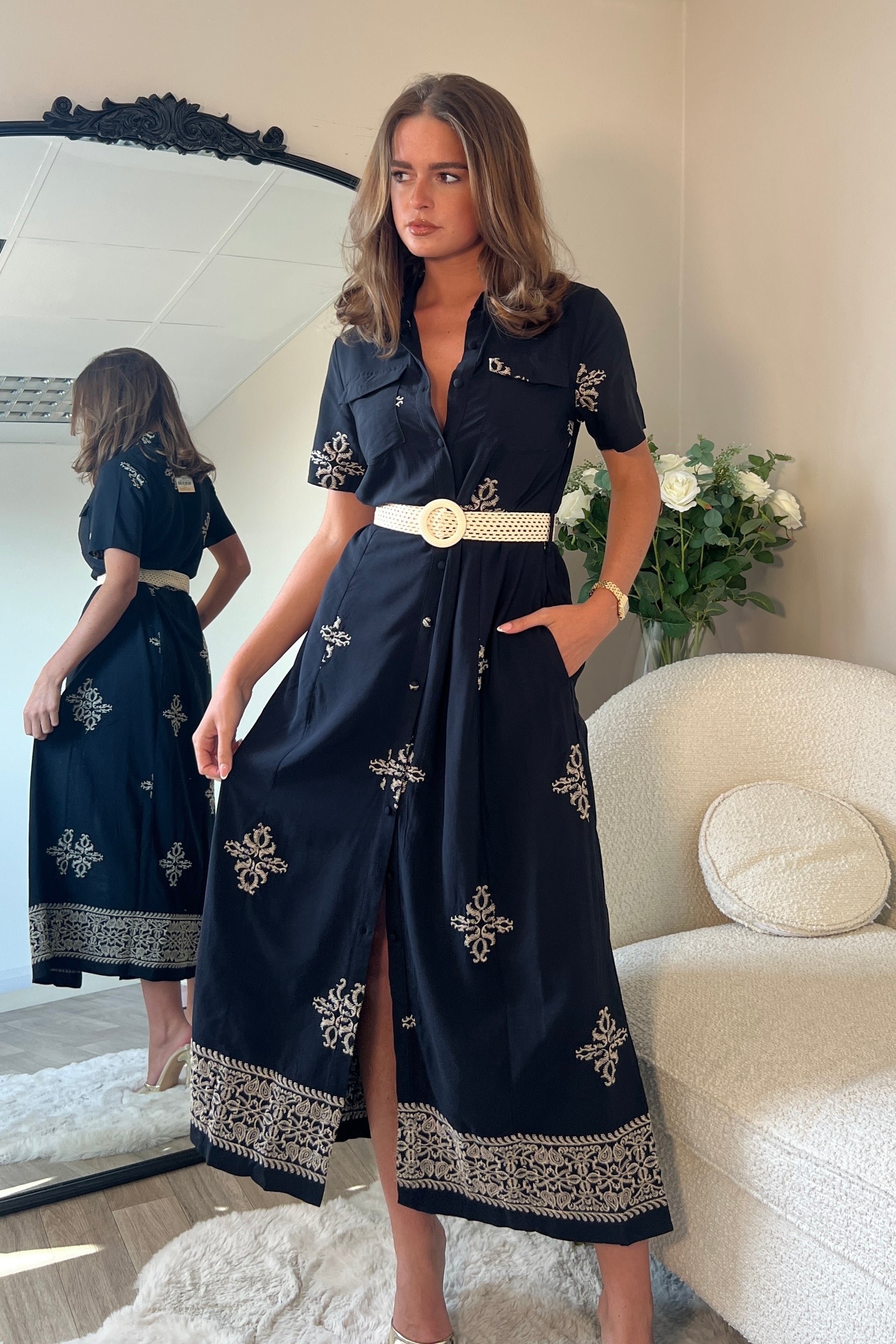 Solène Embroidered Short Sleeve Shirt Dress Black