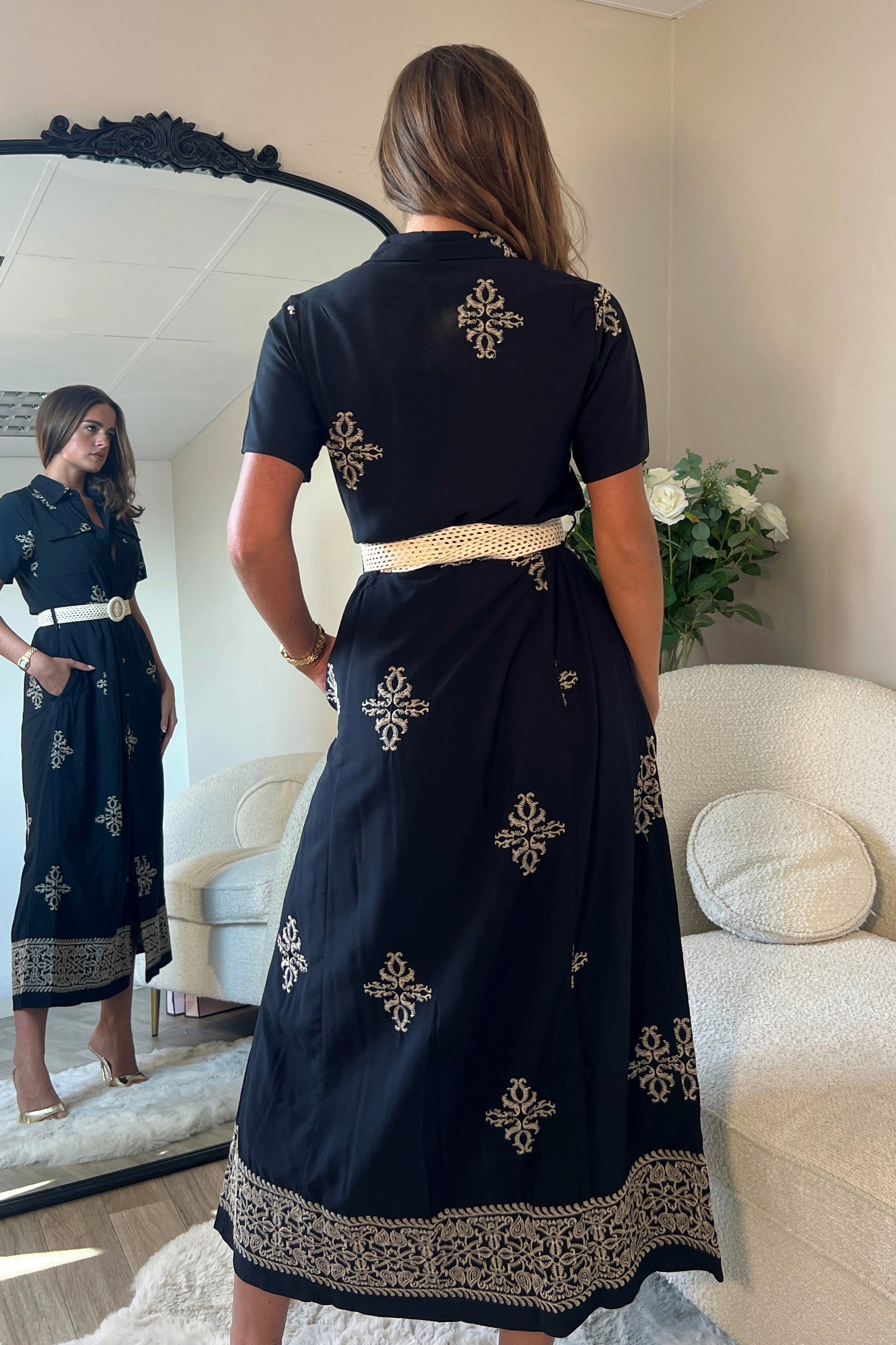 Solène Embroidered Short Sleeve Shirt Dress Black