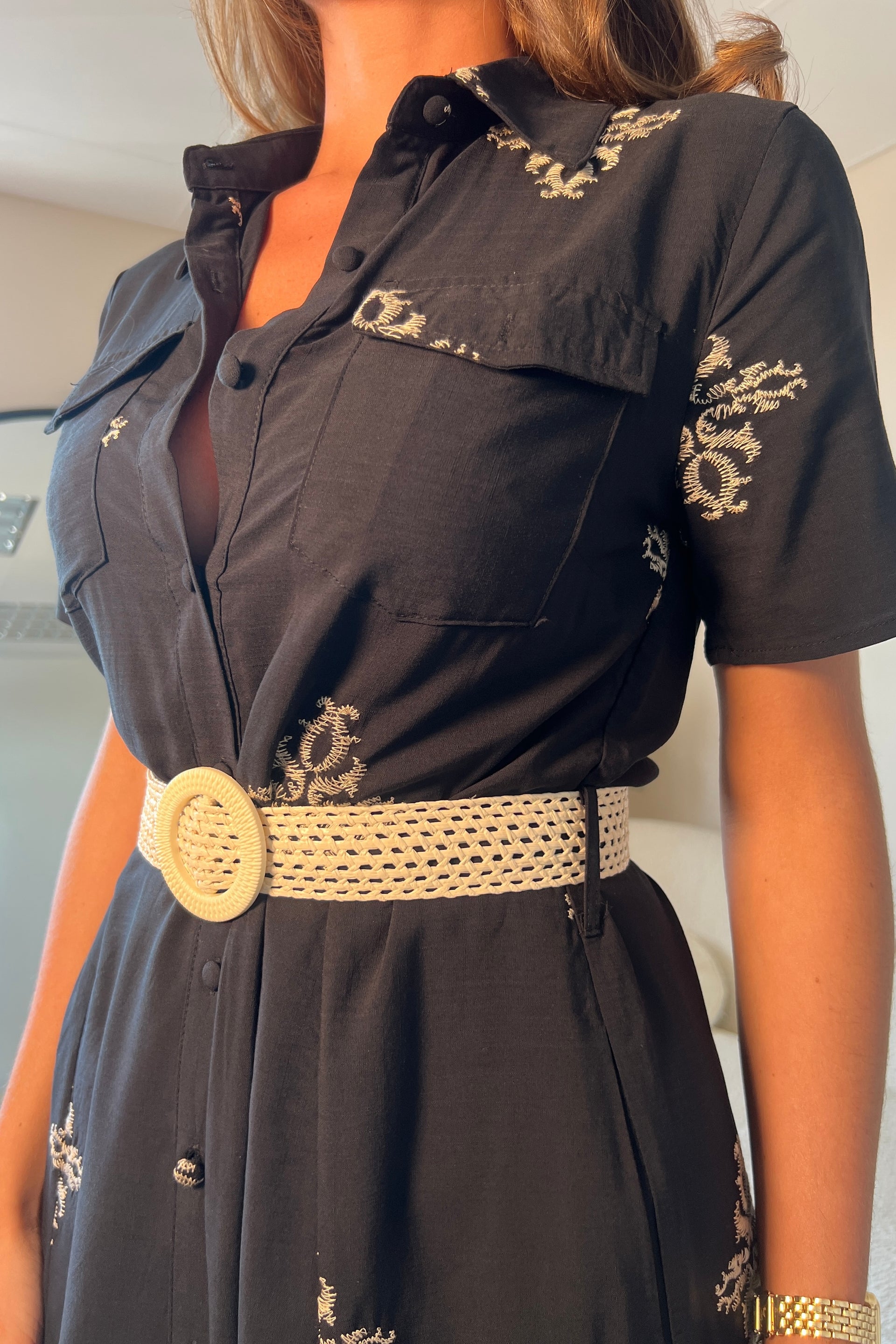 Solène Embroidered Short Sleeve Shirt Dress Black