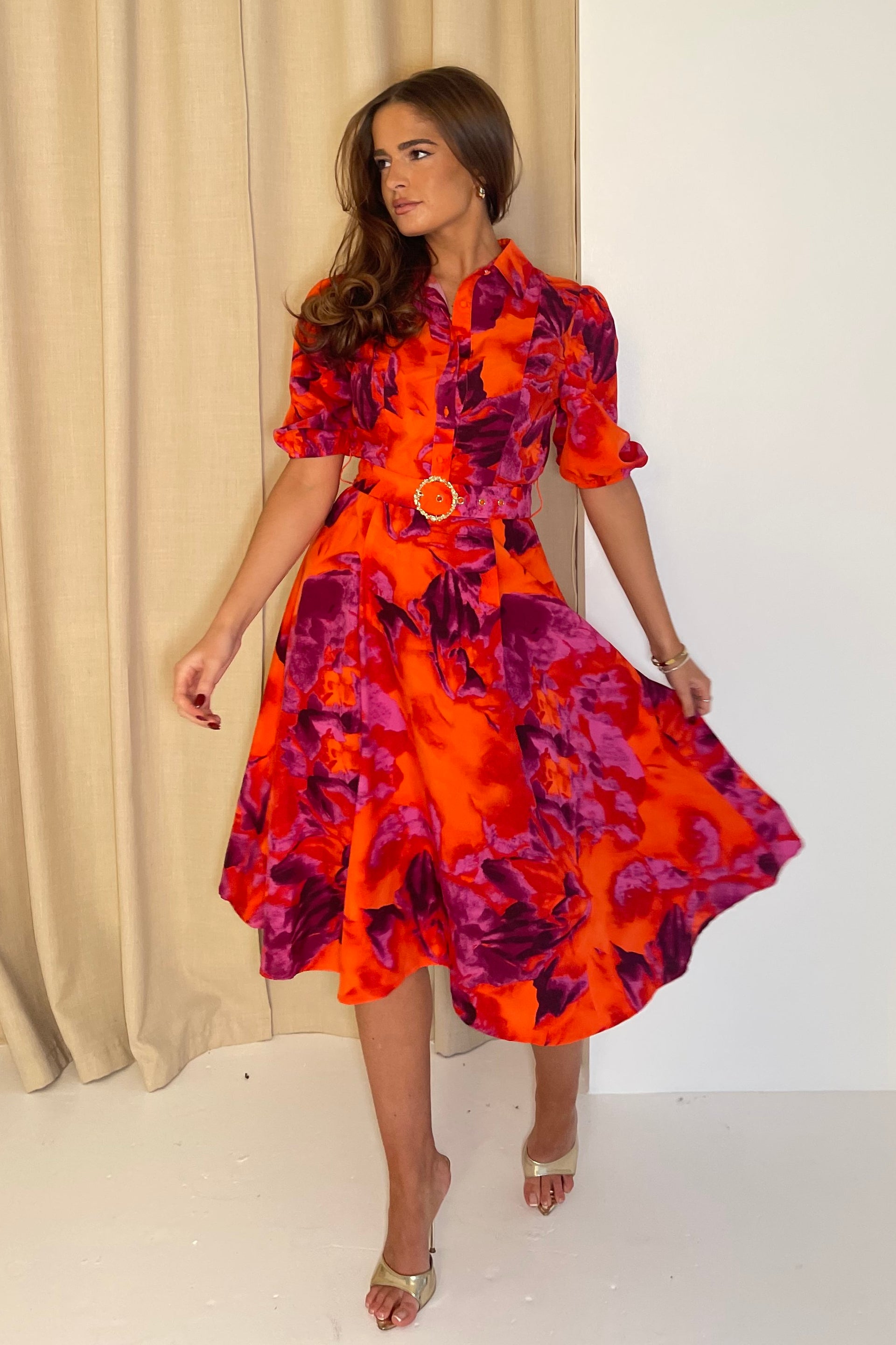 Holland Orange & Pink Floral Collar Midi Dress
