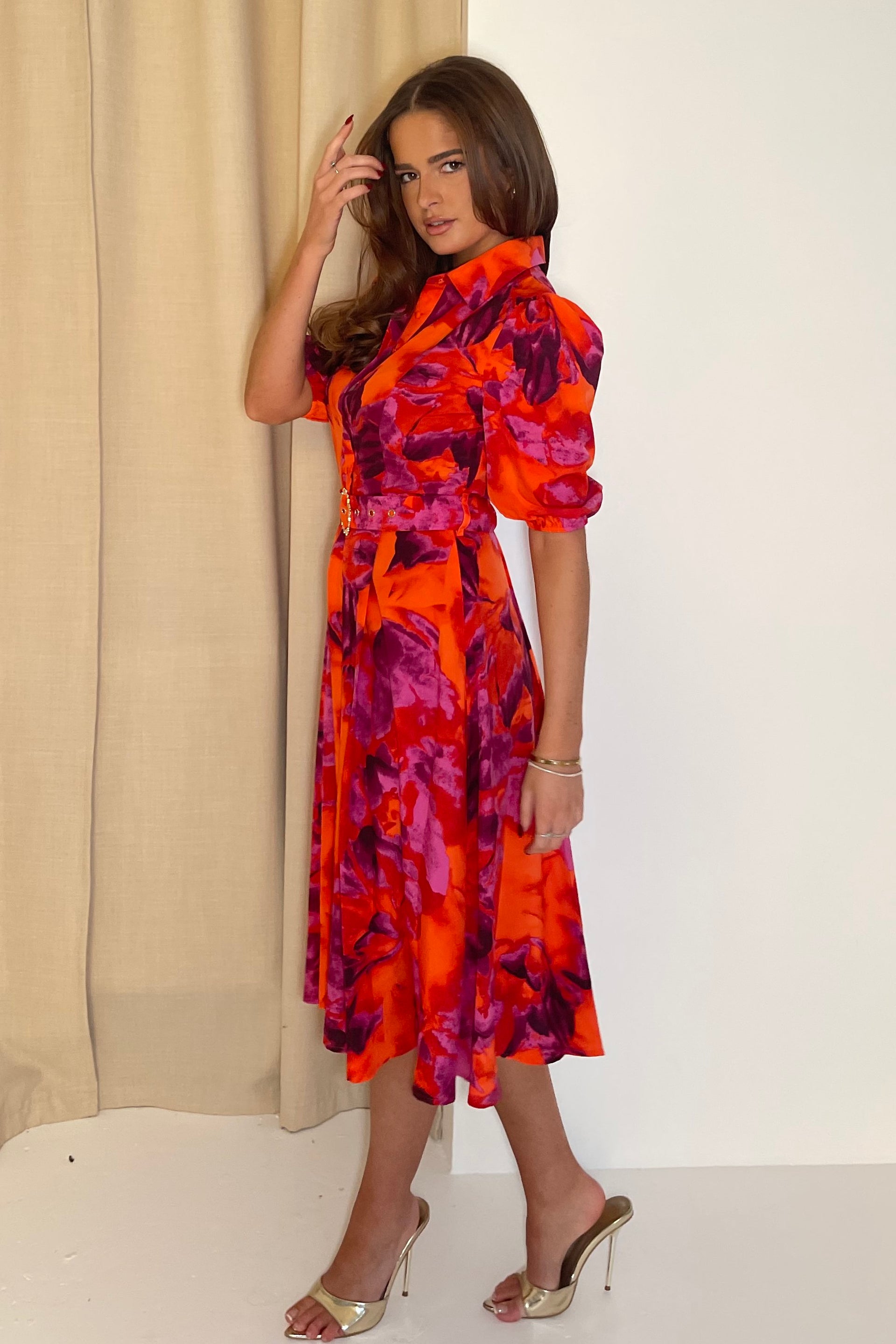 Holland Orange & Pink Floral Collar Midi Dress