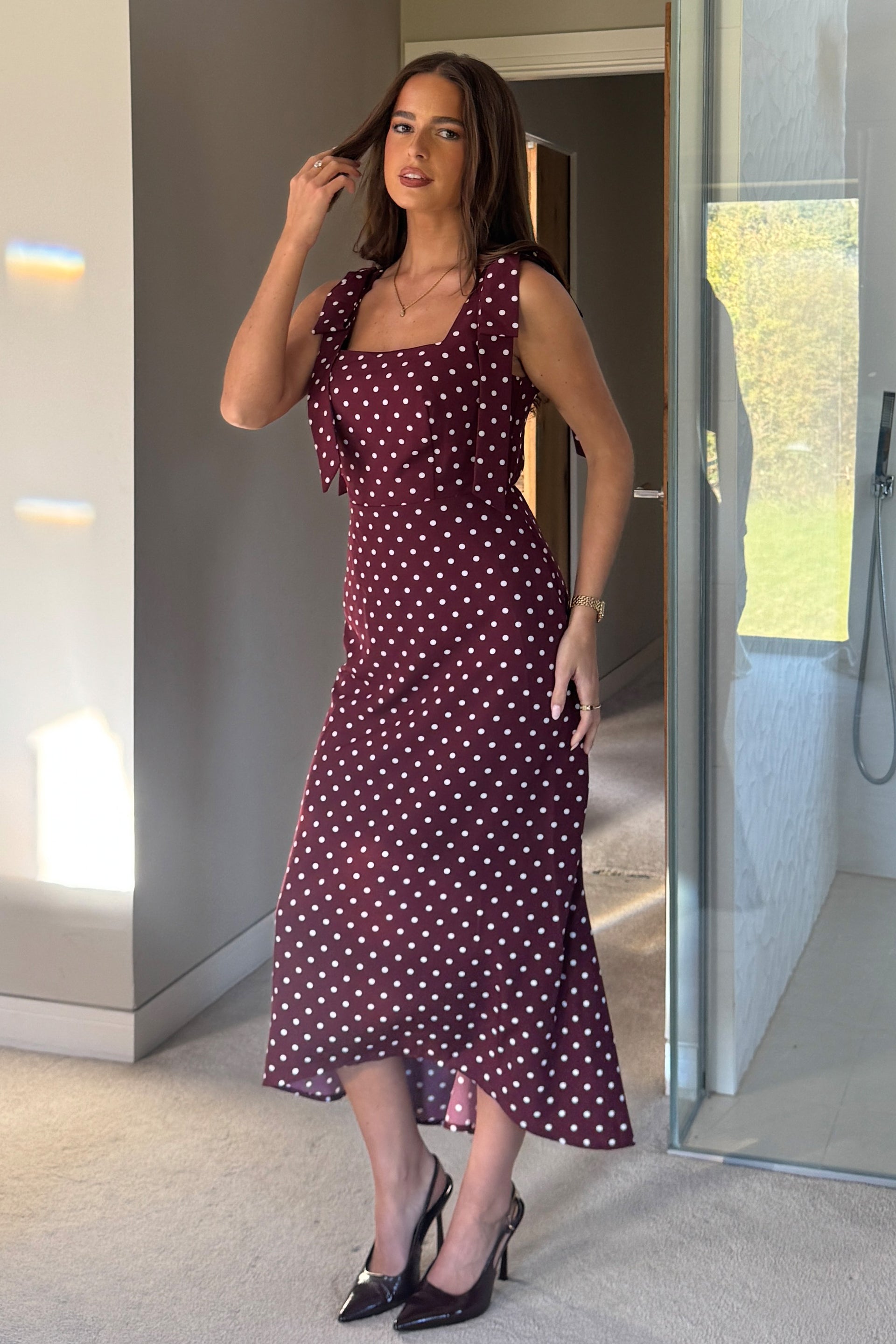 Jovi Tie Shoulder Square Neck Midi Dress Berry Spot