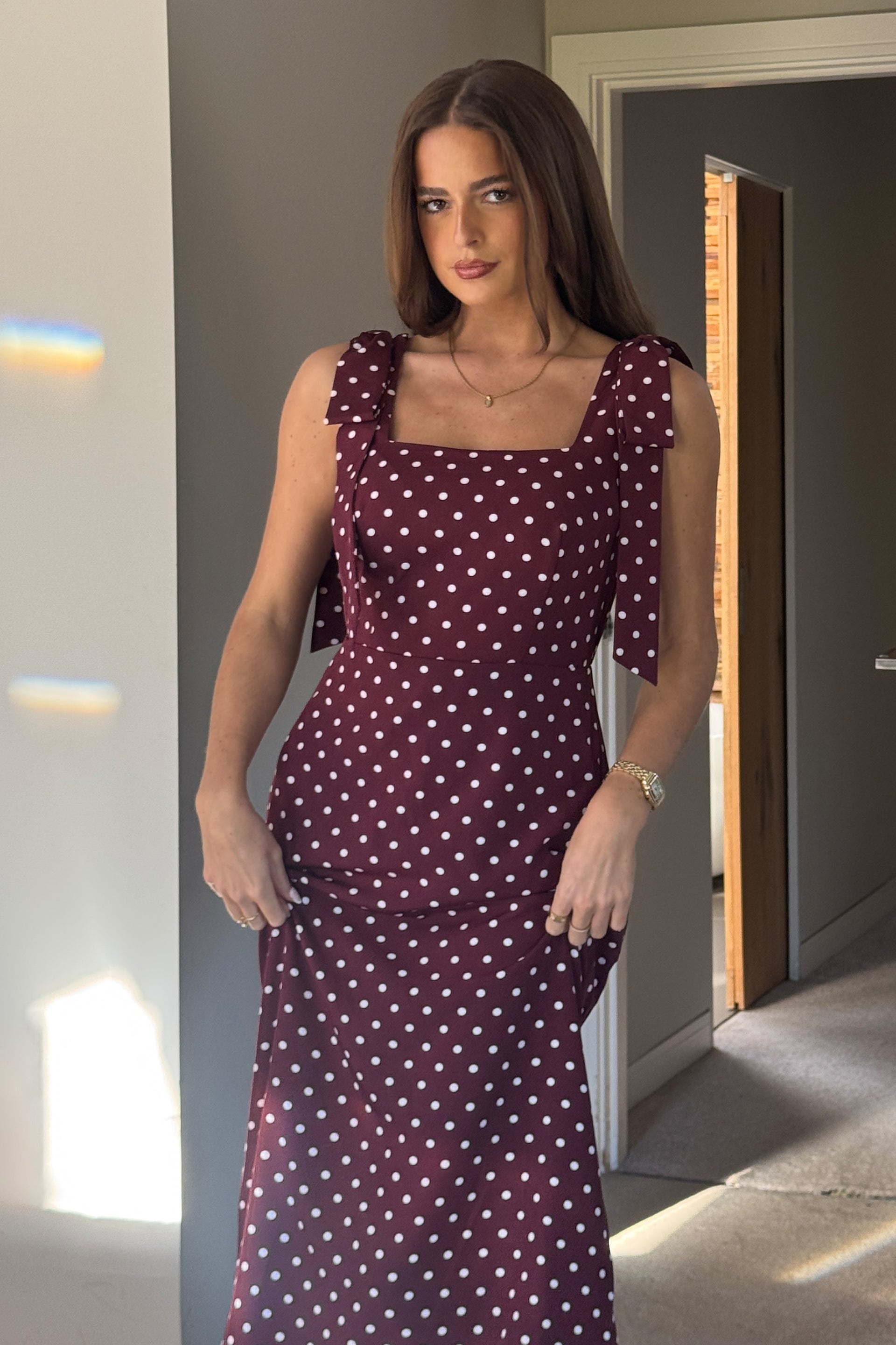 Jovi Tie Shoulder Square Neck Midi Dress Berry Spot