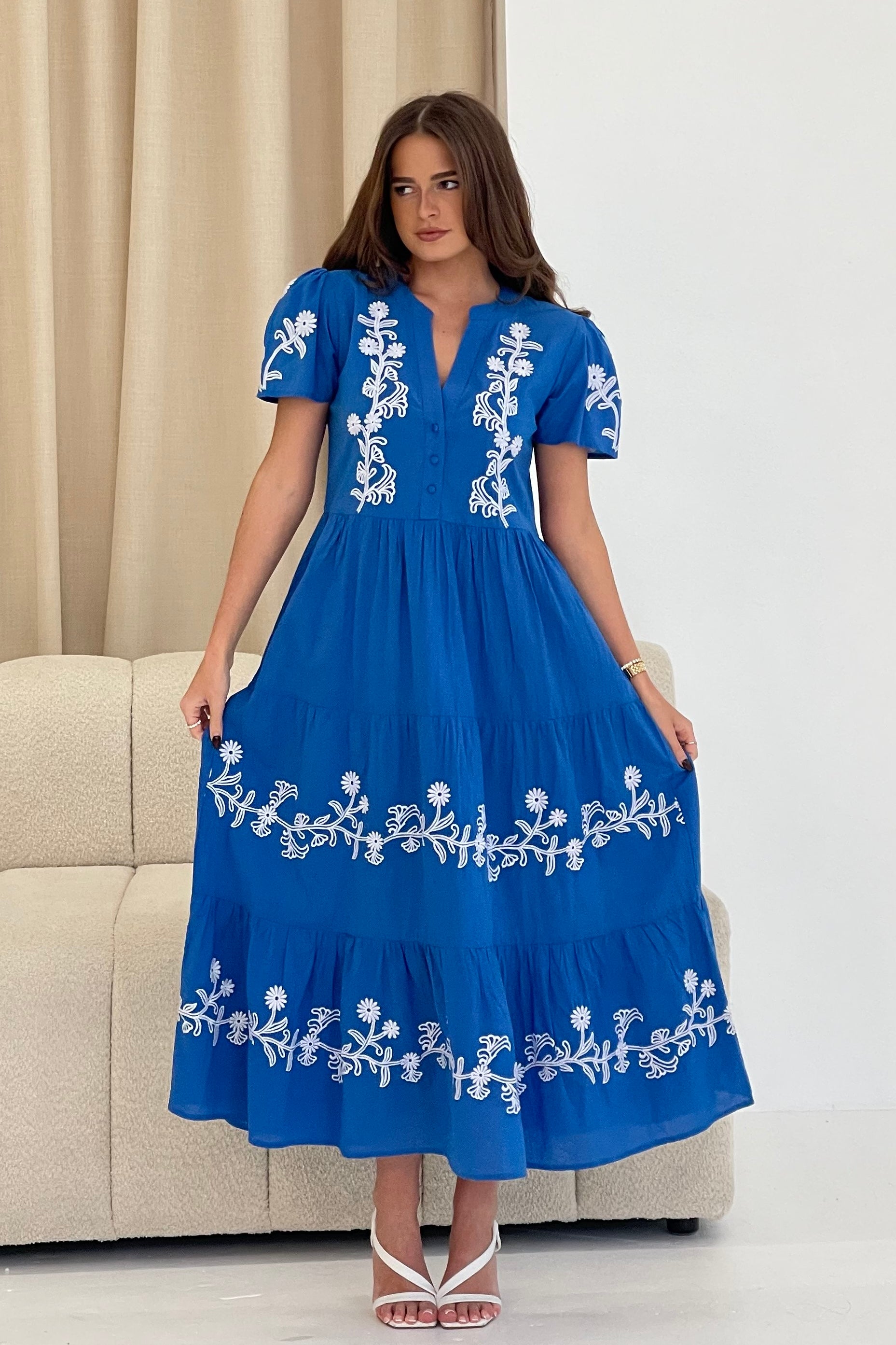 Arina Puff Sleeve V Neck Midi Dress
