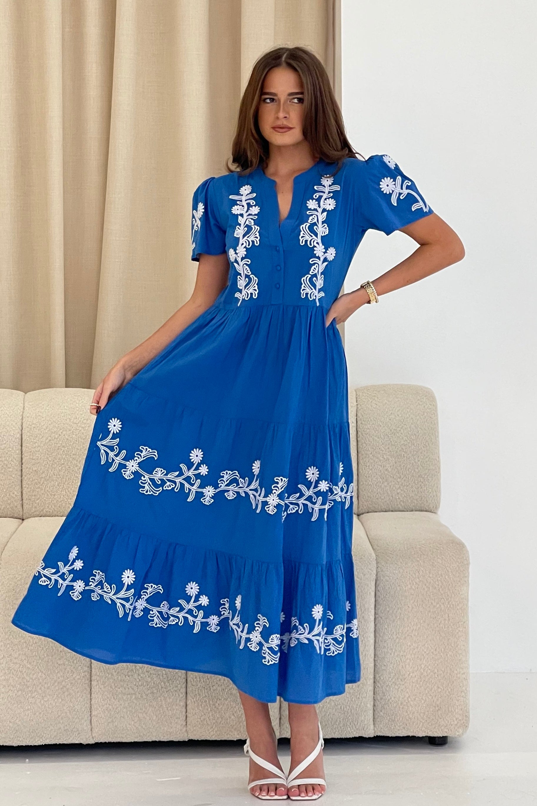 Arina Puff Sleeve V Neck Midi Dress