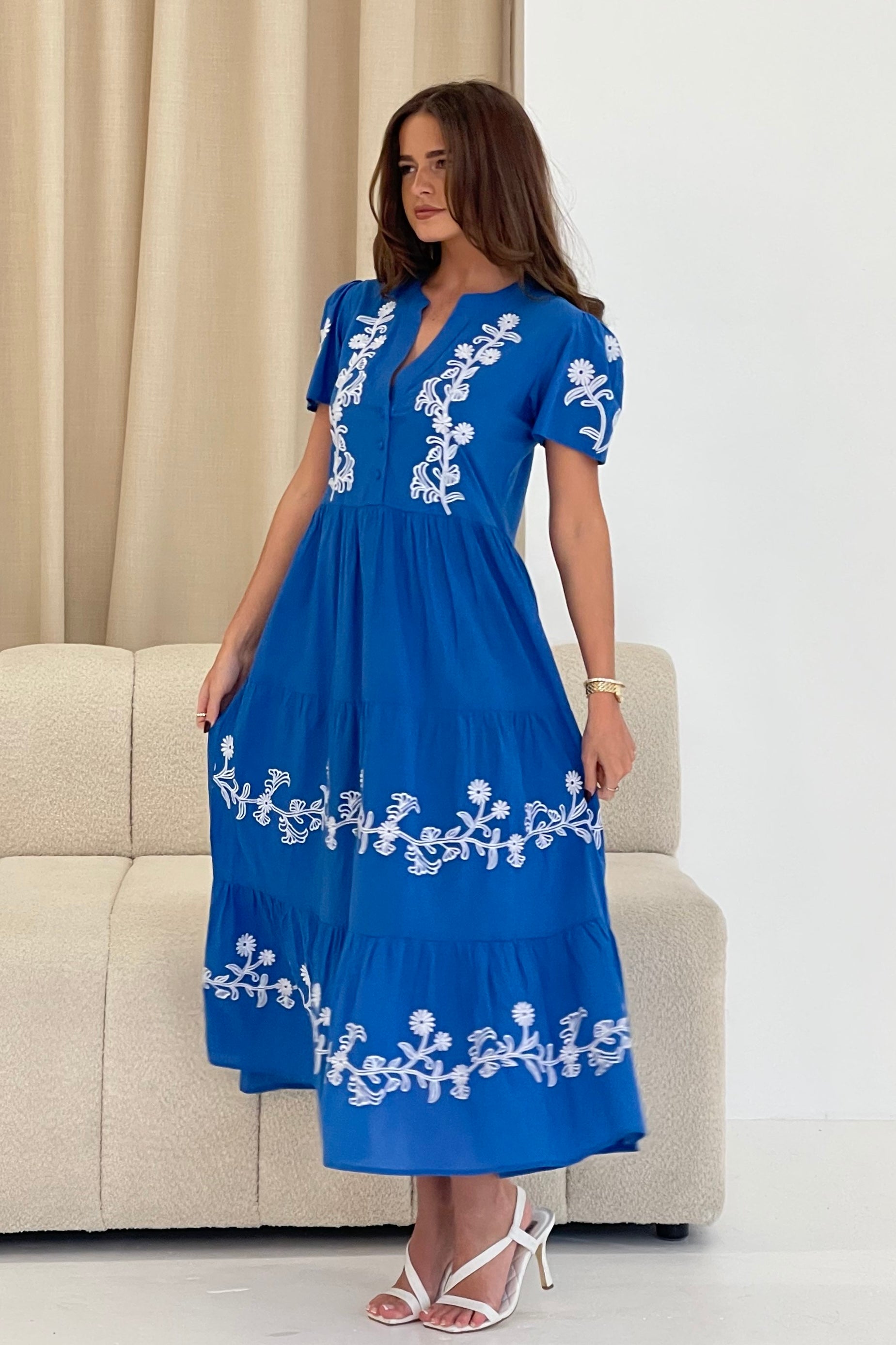 Arina Puff Sleeve V Neck Midi Dress
