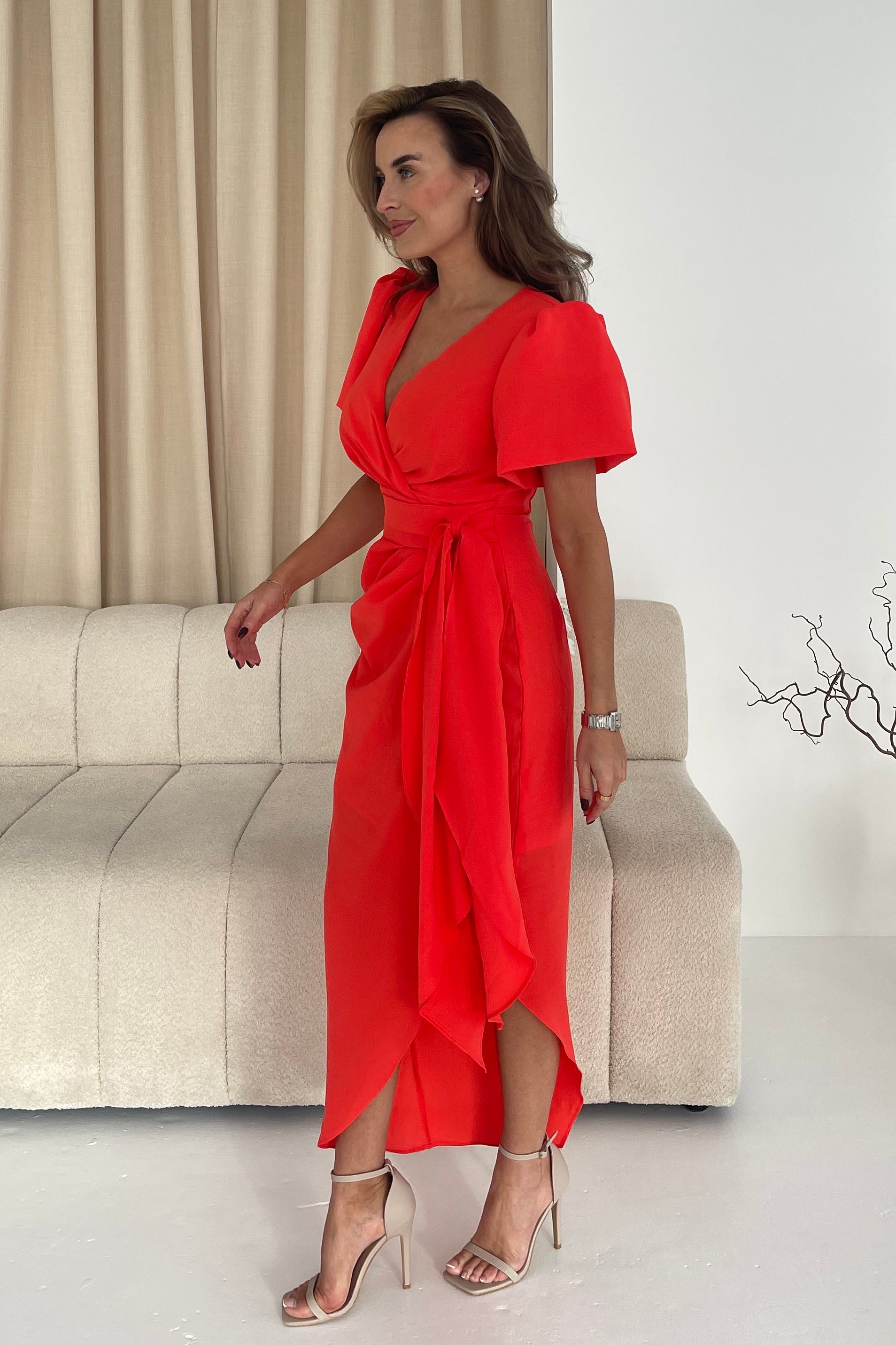 Drew Puff Sleeve Wrap Front Midi Dress Orange