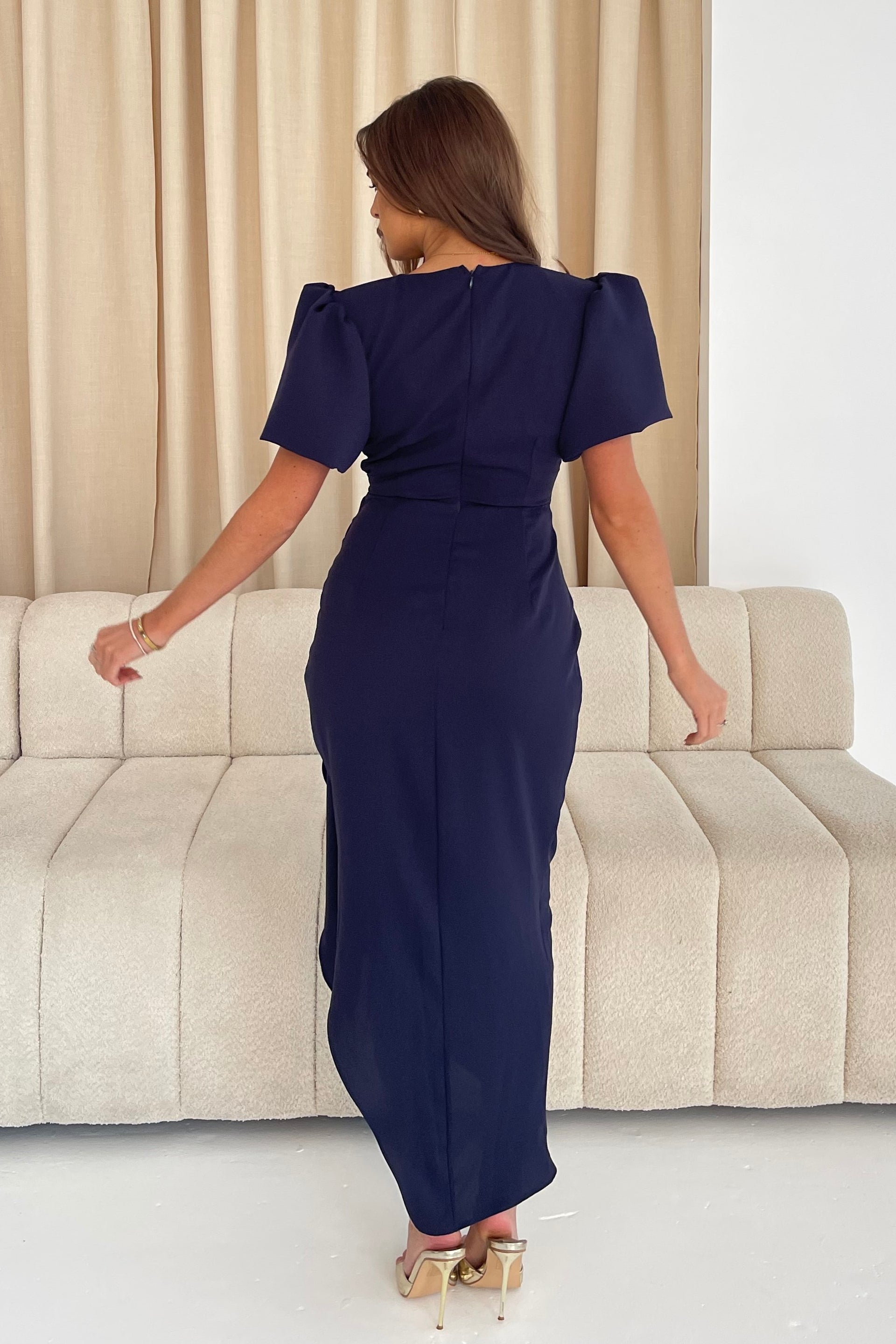 Drew Puff Sleeve Wrap Front Midi Dress Navy