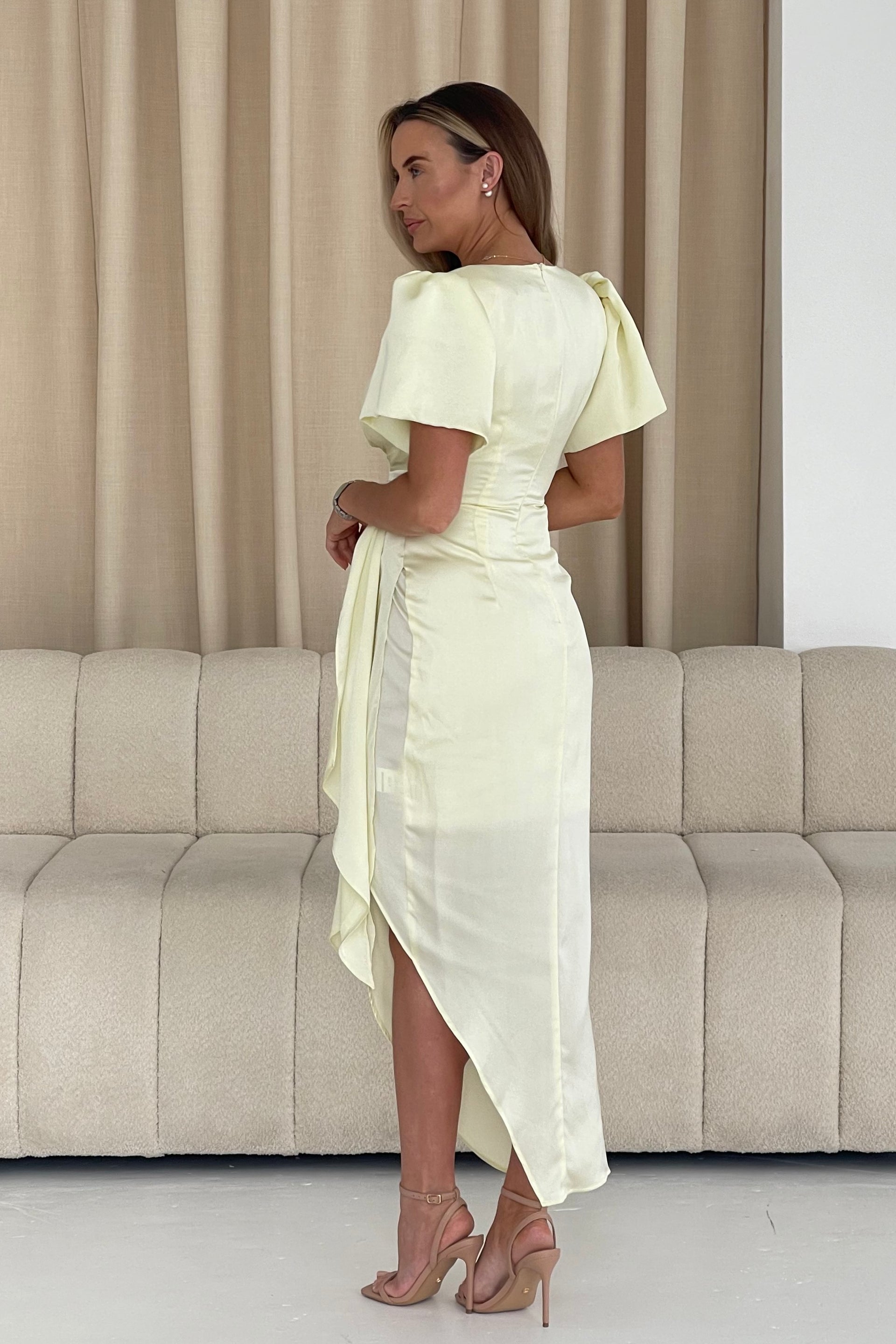 Drew Puff Sleeve Wrap Front Midi Dress Yellow