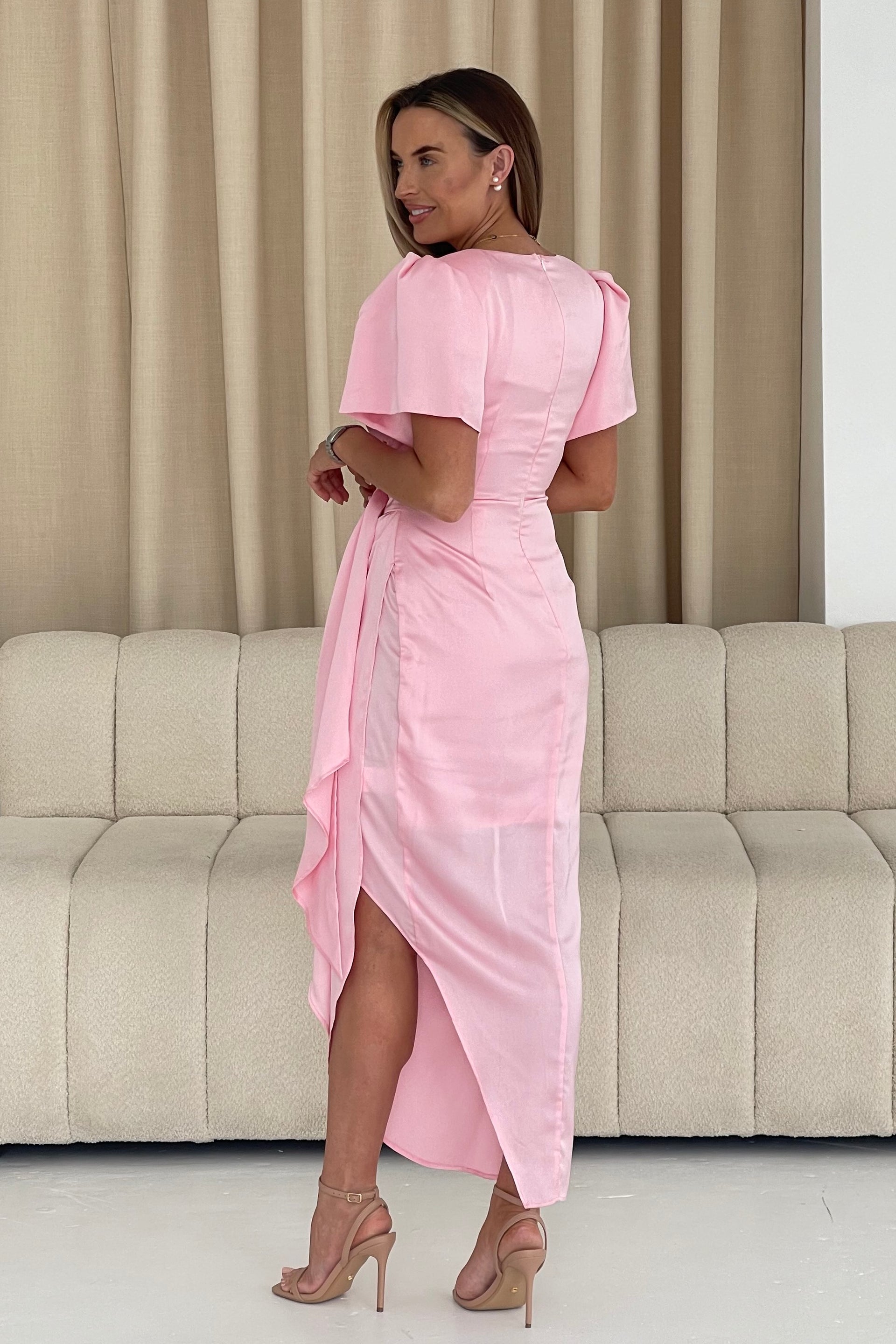 Drew Puff Sleeve Wrap Front Midi Dress Pink