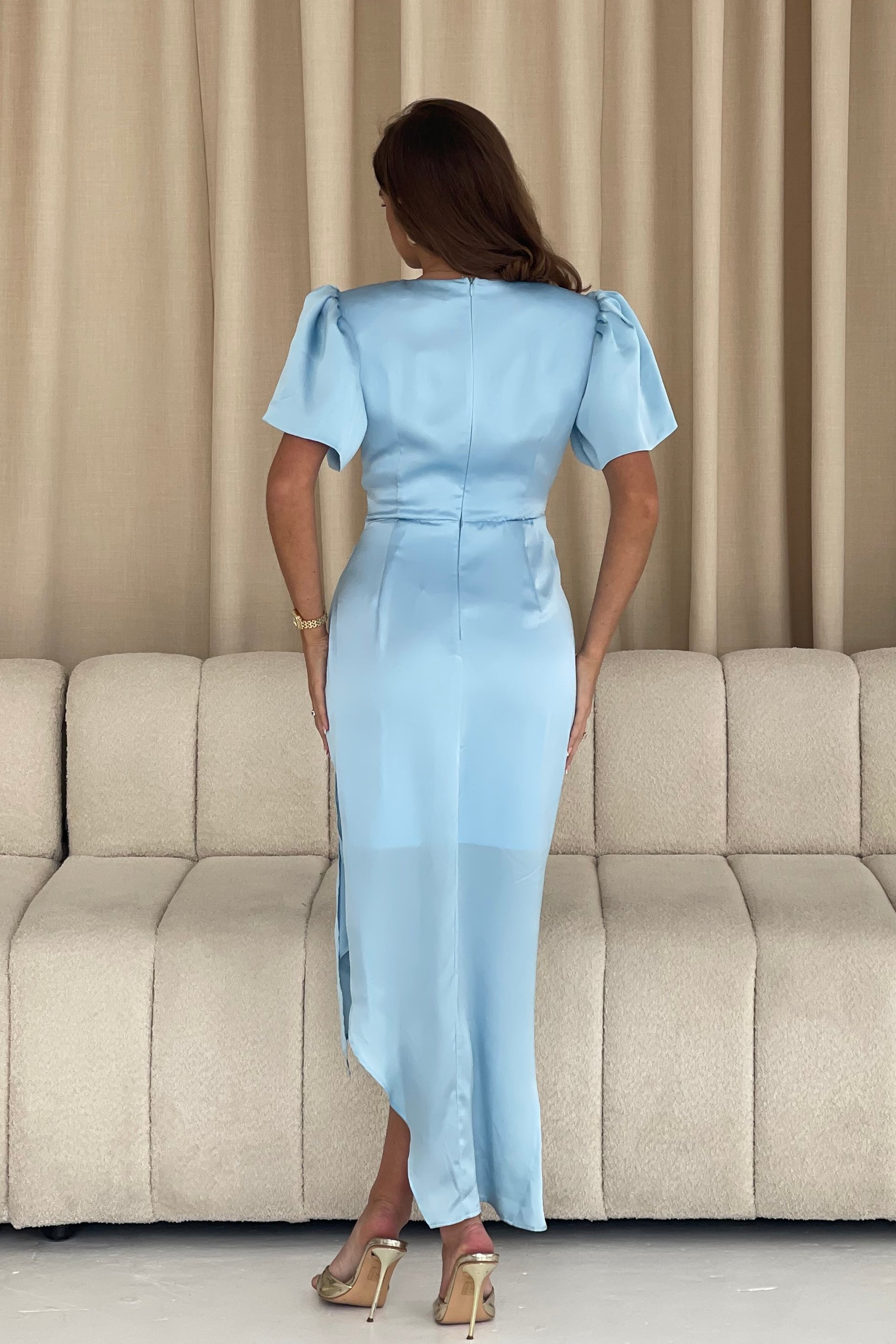 Drew Puff Sleeve Wrap Front Midi Dress Sky Blue