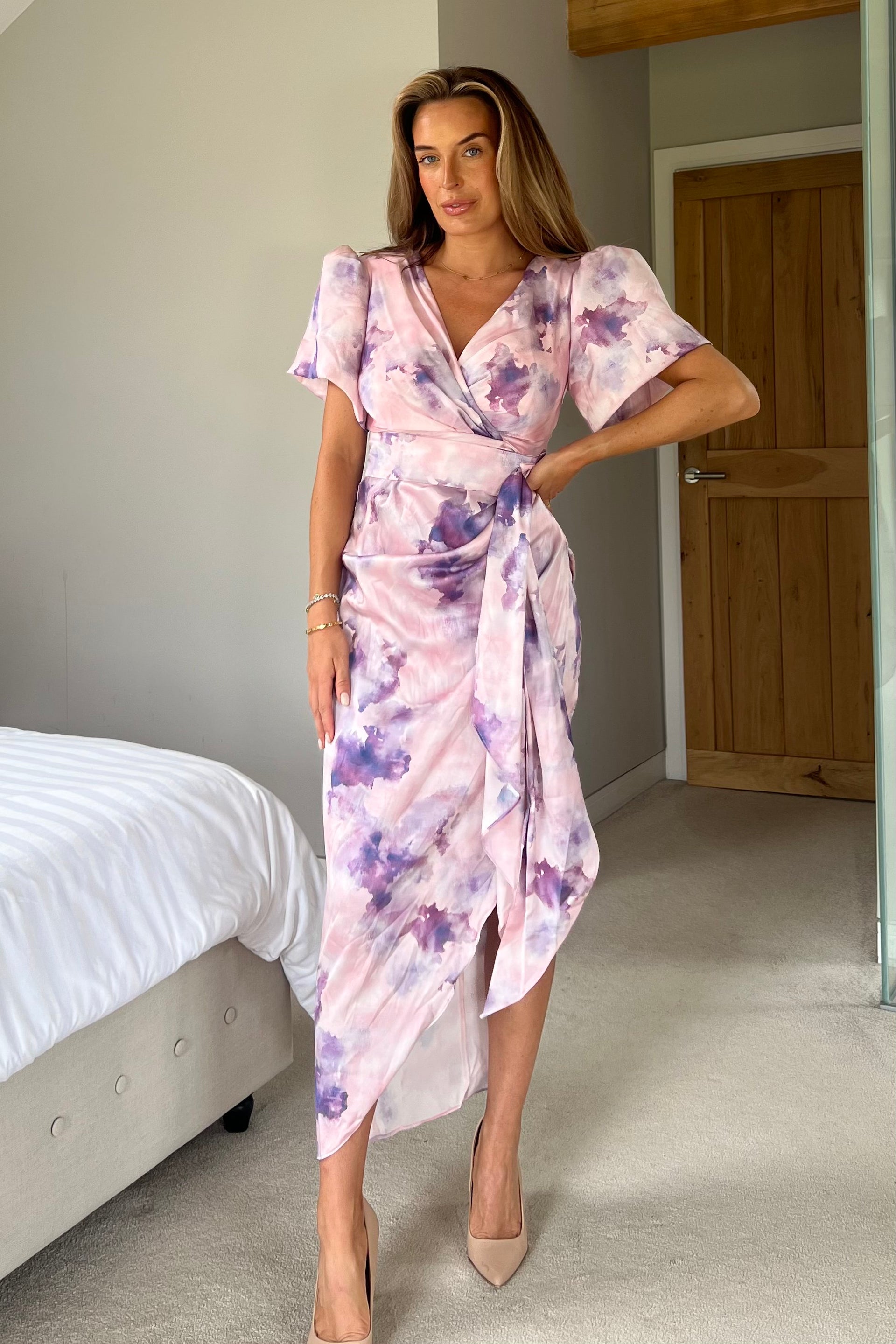 Drew Puff Sleeve Wrap Front Midi Dress Purple Marble