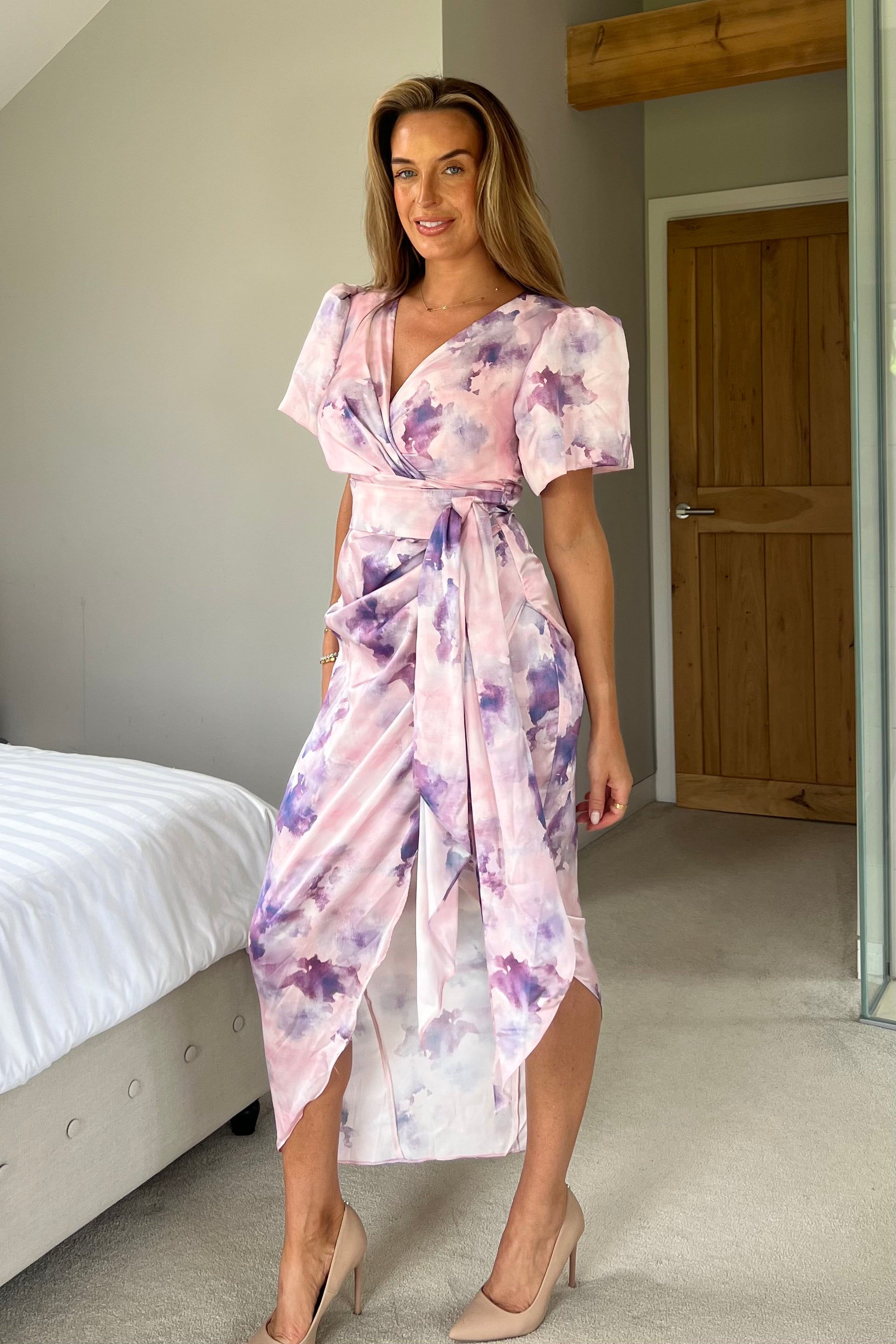 Drew Puff Sleeve Wrap Front Midi Dress Purple Marble