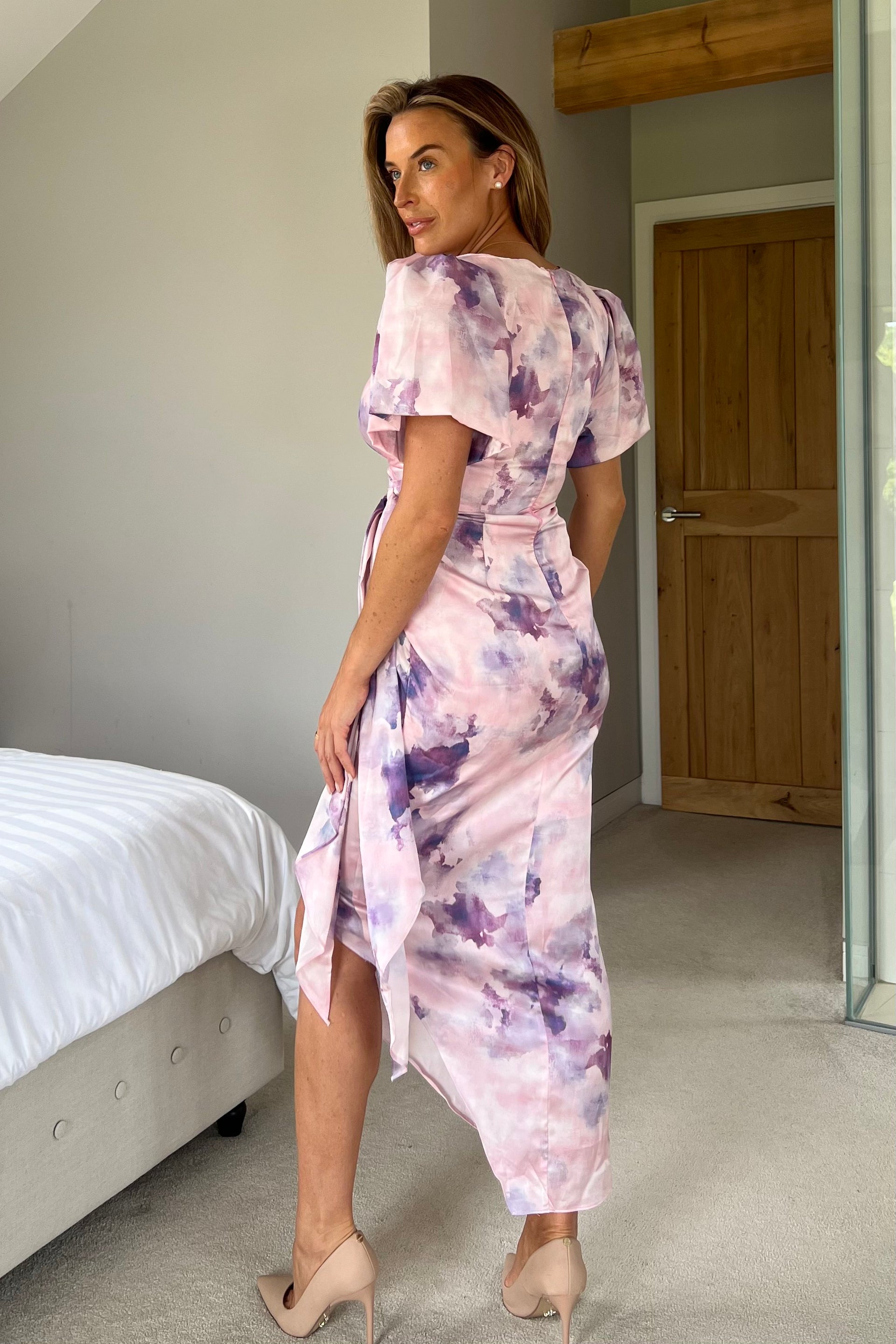 Drew Puff Sleeve Wrap Front Midi Dress Purple Marble