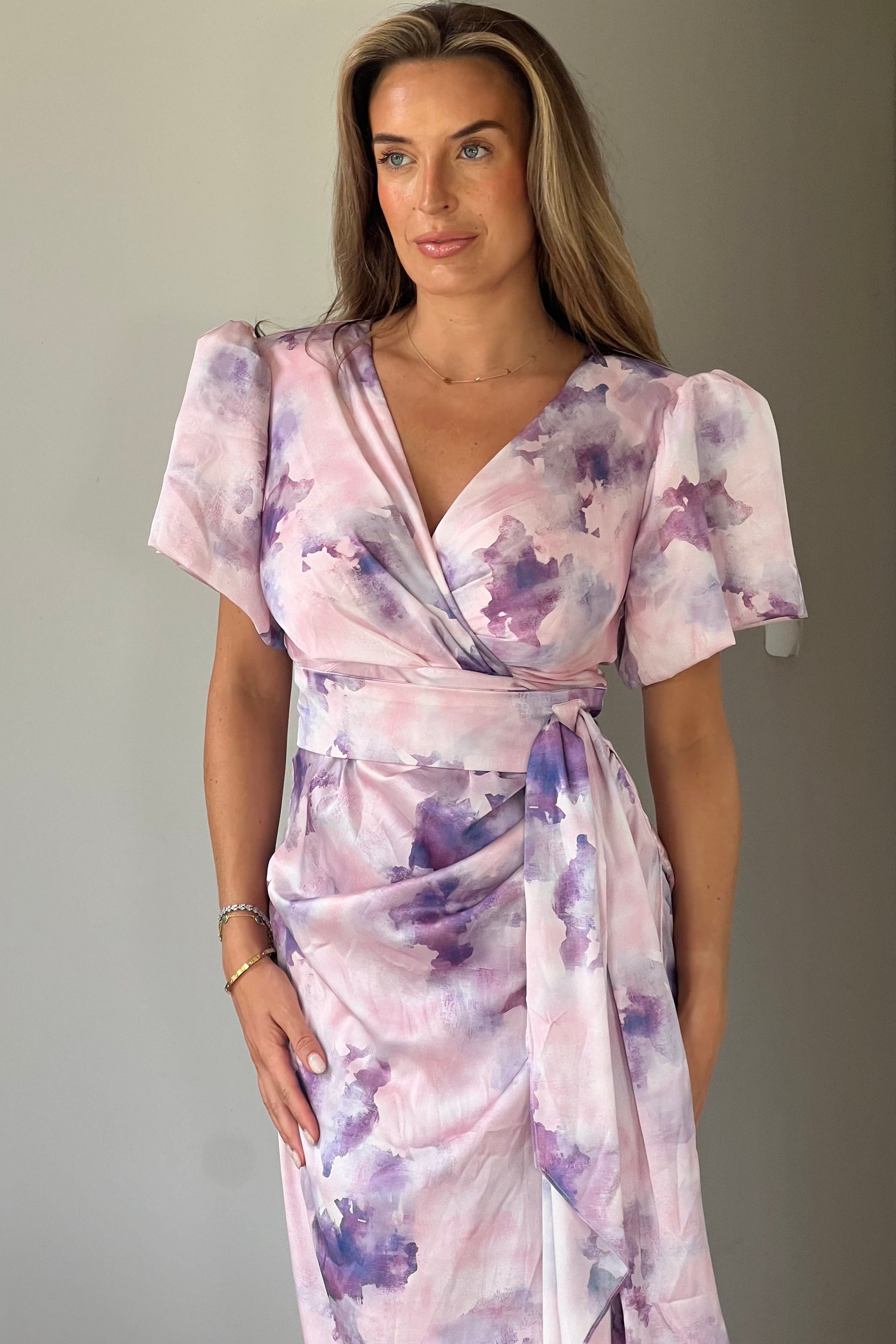 Drew Puff Sleeve Wrap Front Midi Dress Purple Marble