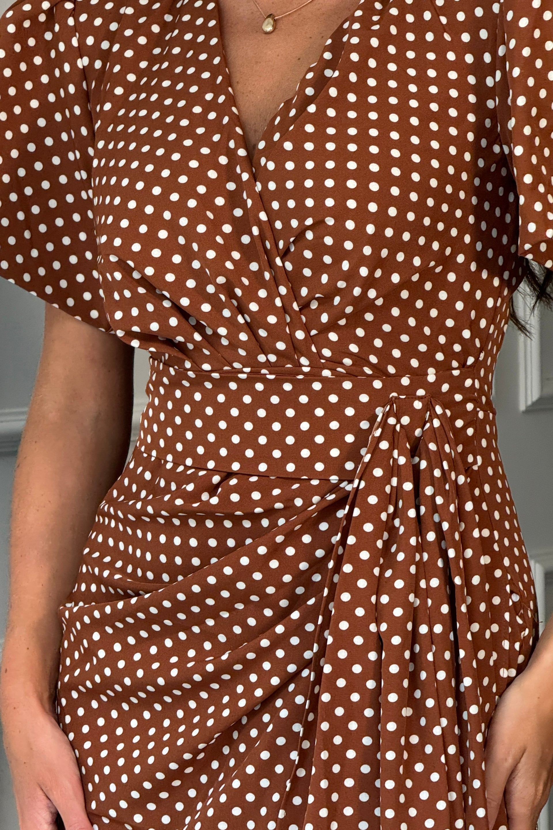 Drew Puff Sleeve Wrap Front Midi Dress Brown Spot
