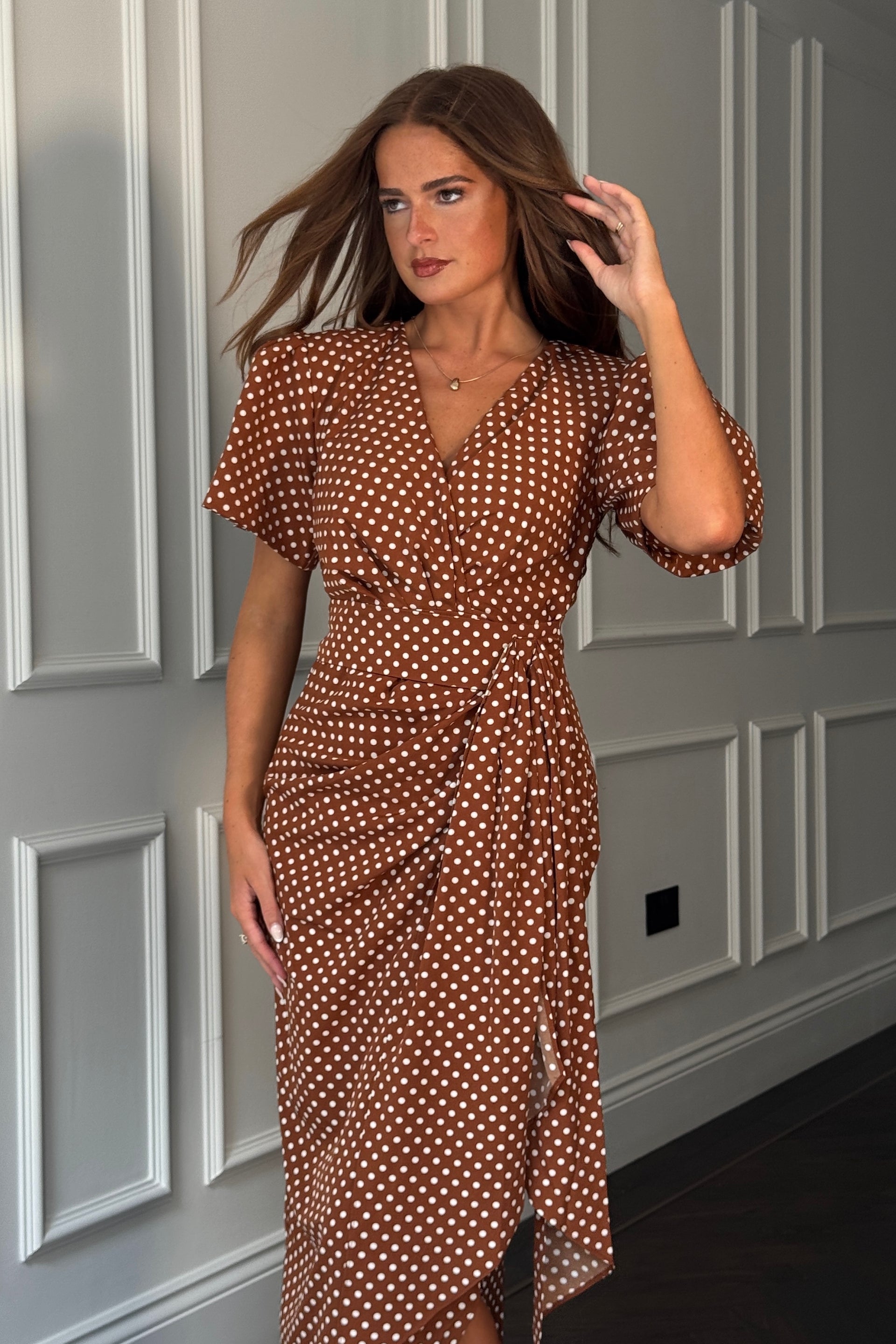 Drew Puff Sleeve Wrap Front Midi Dress Brown Spot