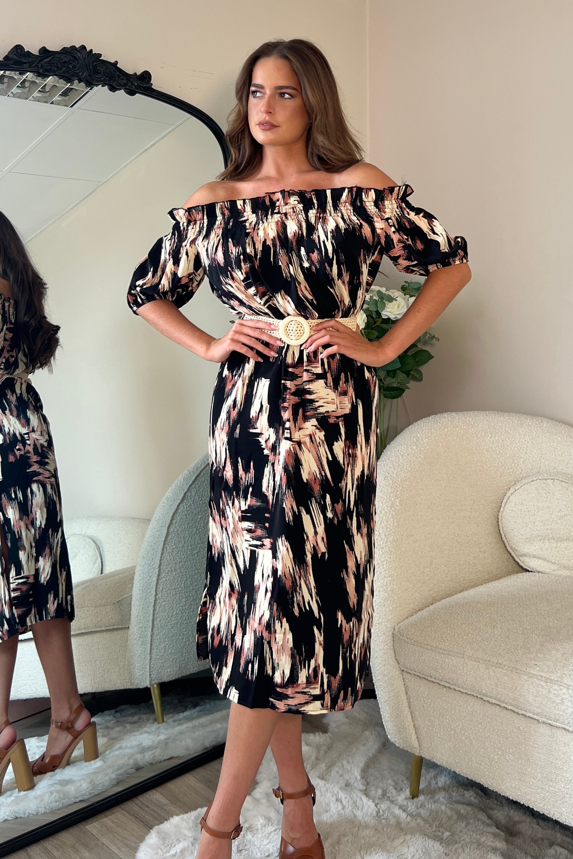 Jordana Off the Shoulder Midi Dress Brown Abstract