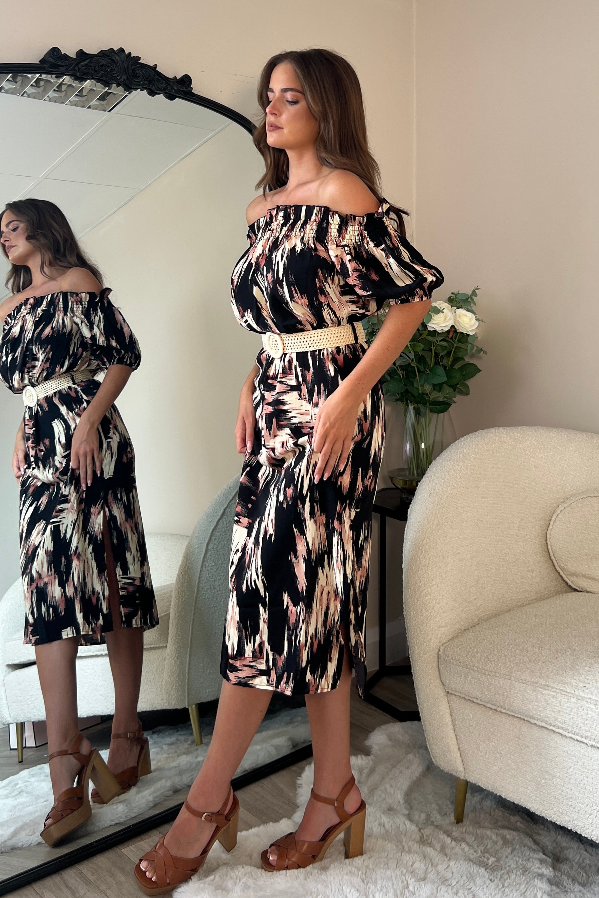 Jordana Off the Shoulder Midi Dress Brown Abstract