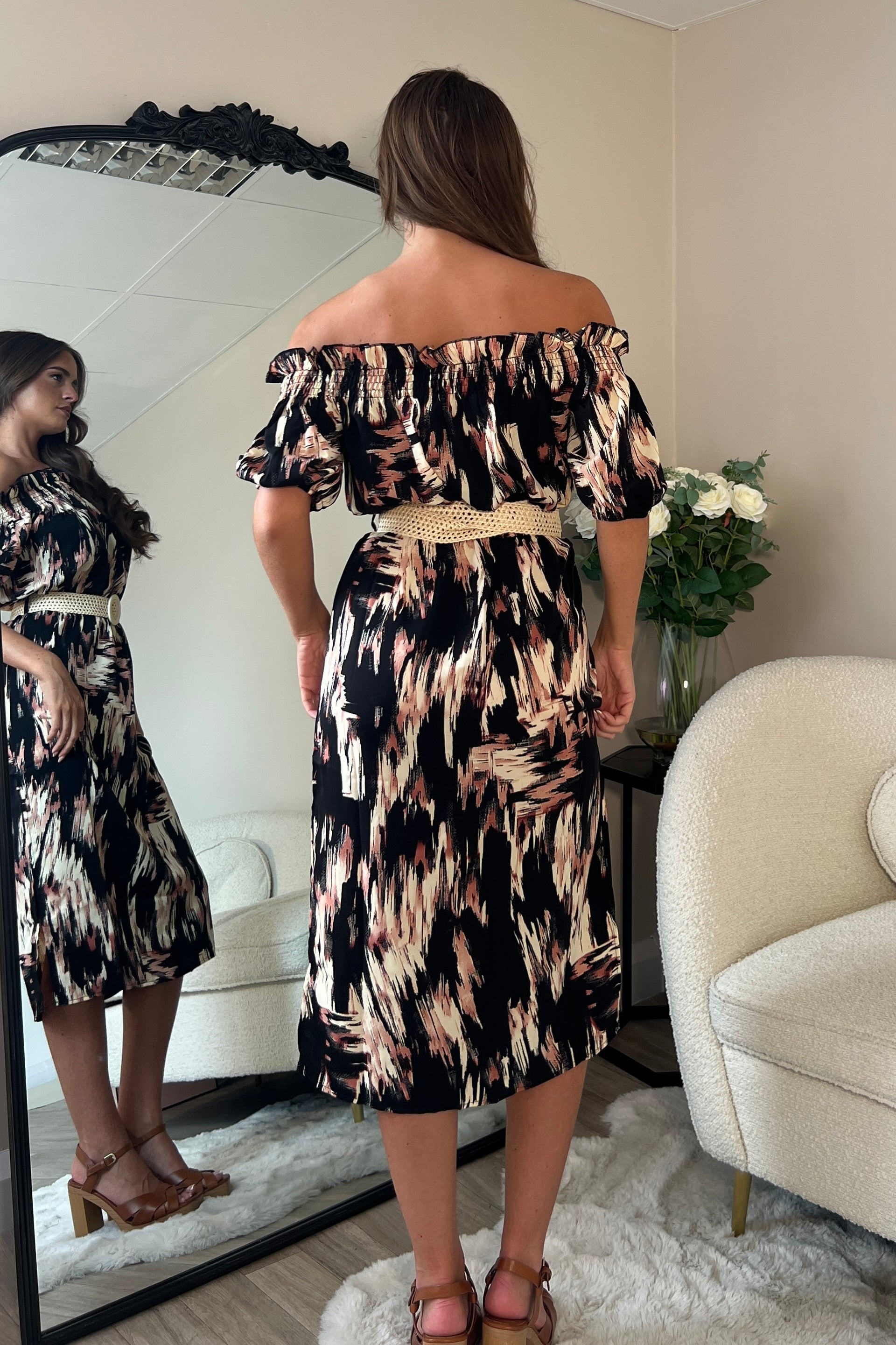 Jordana Off the Shoulder Midi Dress Brown Abstract