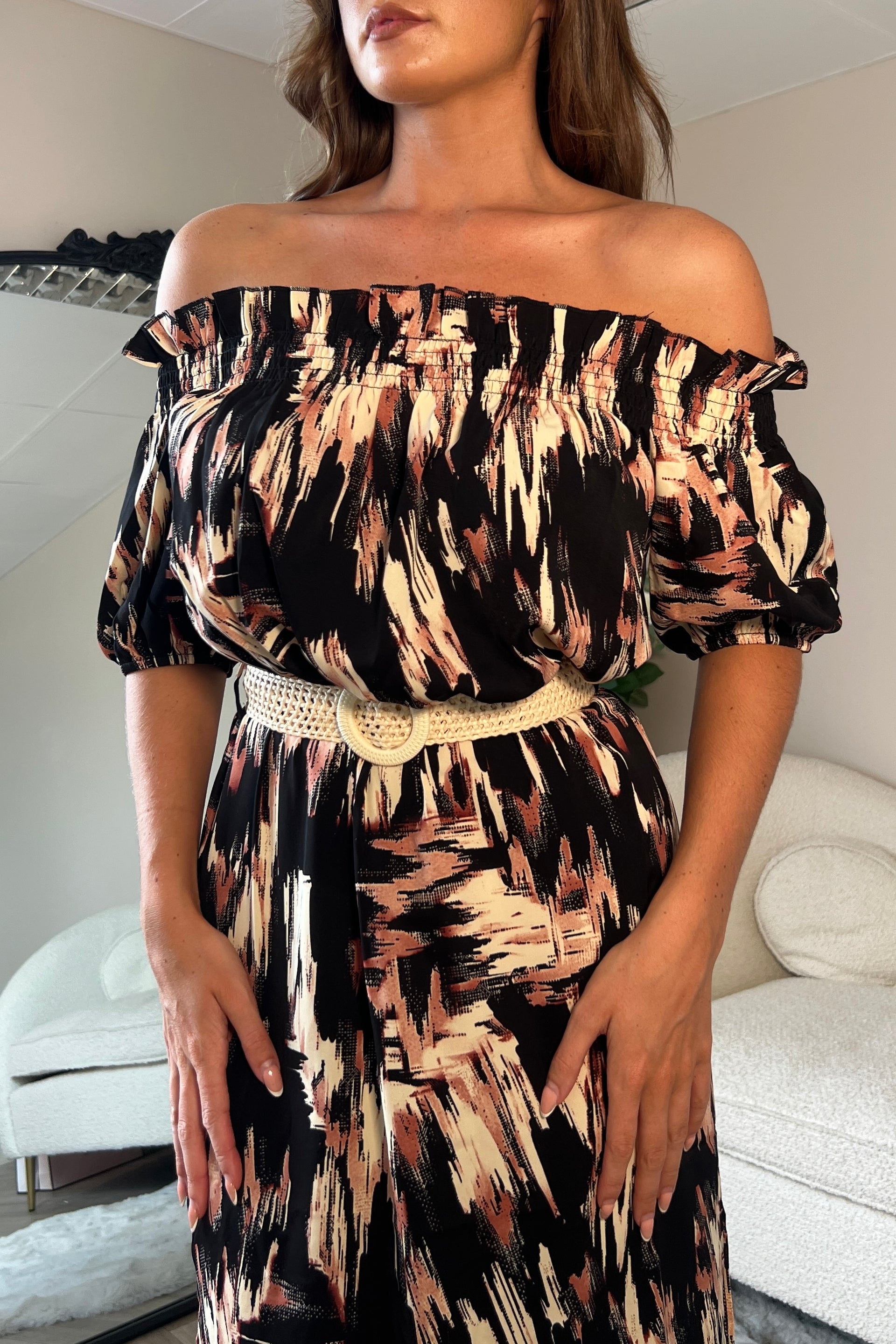 Jordana Off the Shoulder Midi Dress Brown Abstract