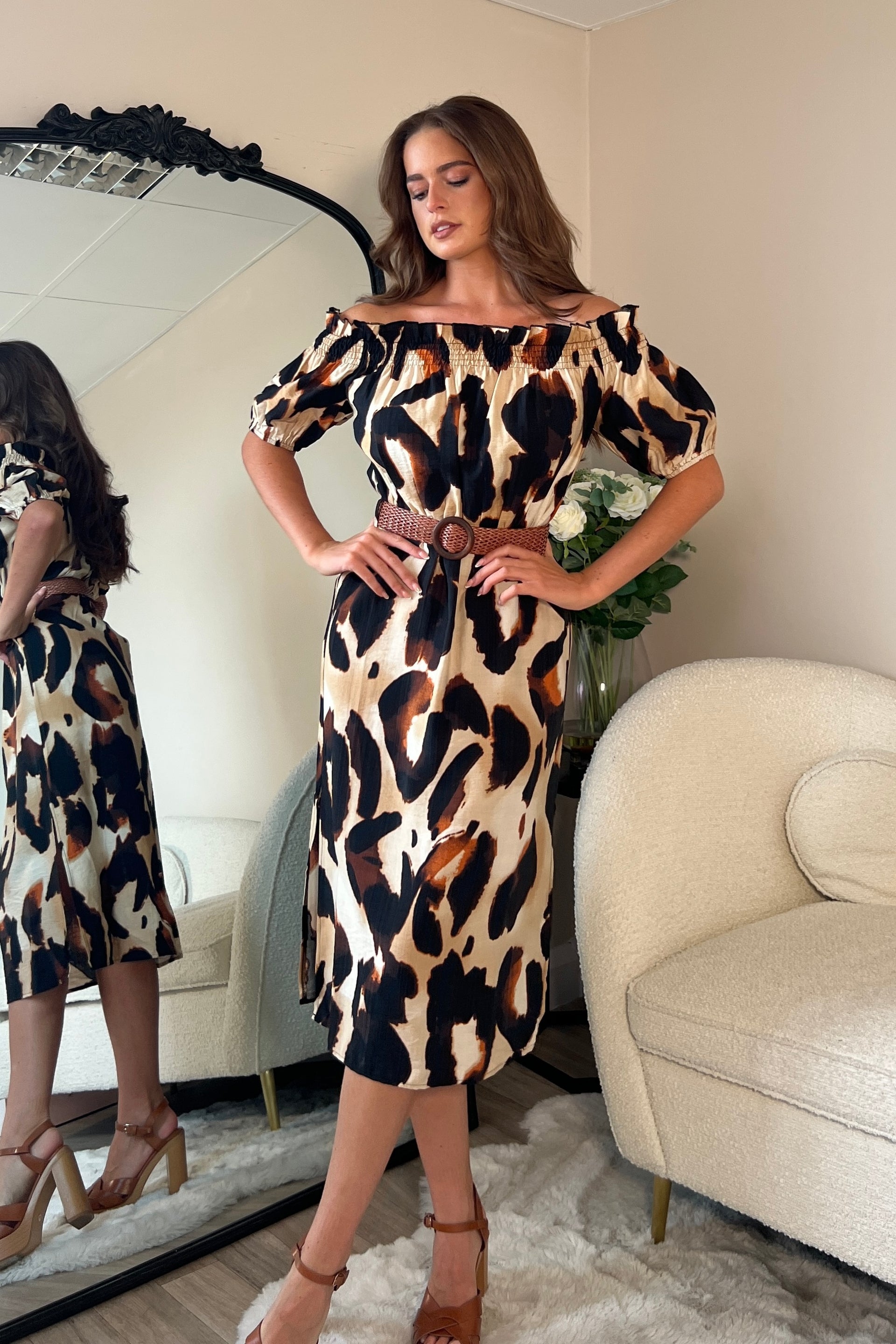 Jordana Off the Shoulder Midi Dress Brown Animal