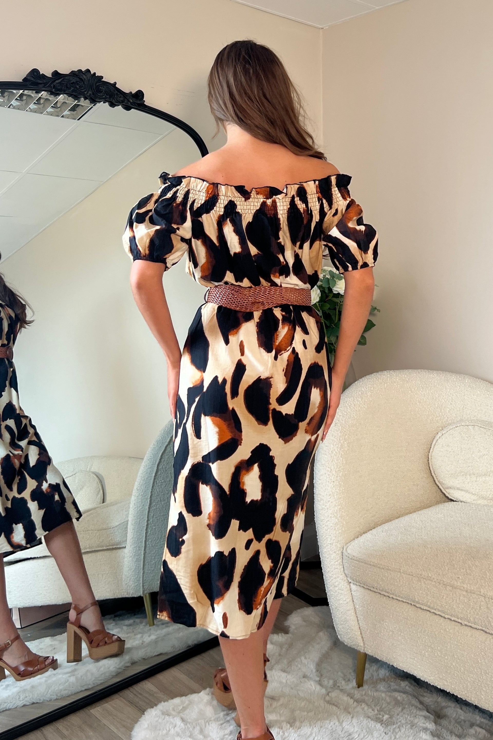 Jordana Off the Shoulder Midi Dress Brown Animal