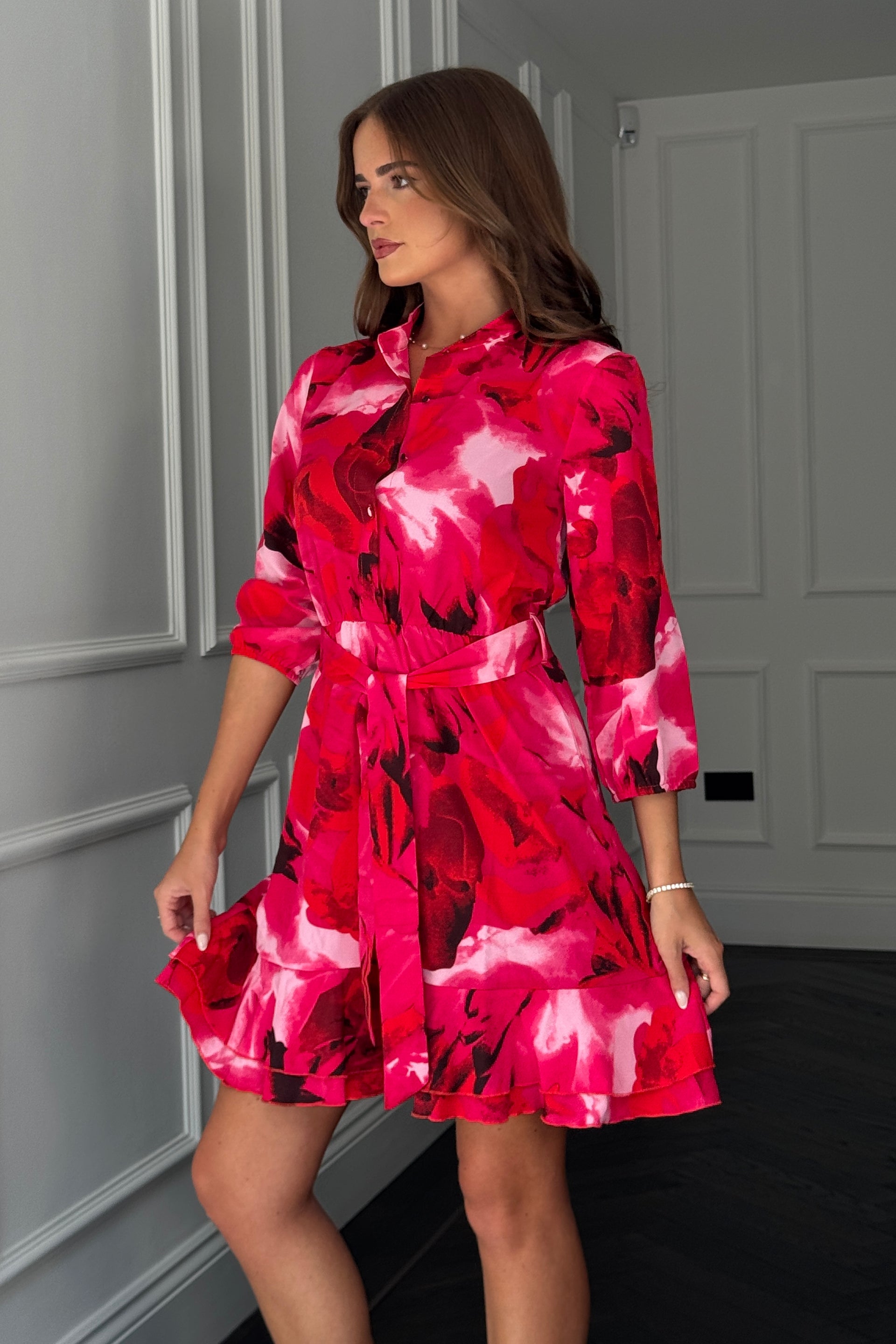 Ashton Pink Floral Frill Skirt Mini Dress