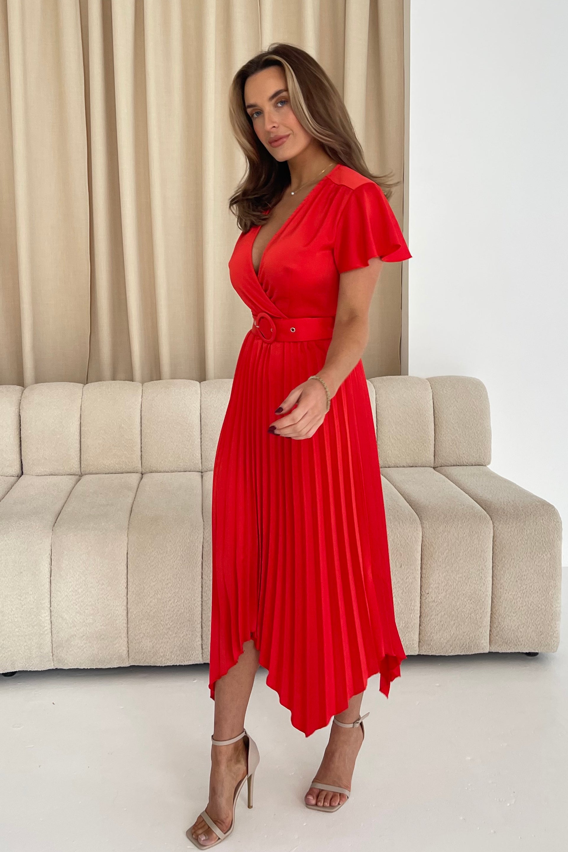 Brooklyn Asymmetric Pleated Skirt Belted Midi Dress Red