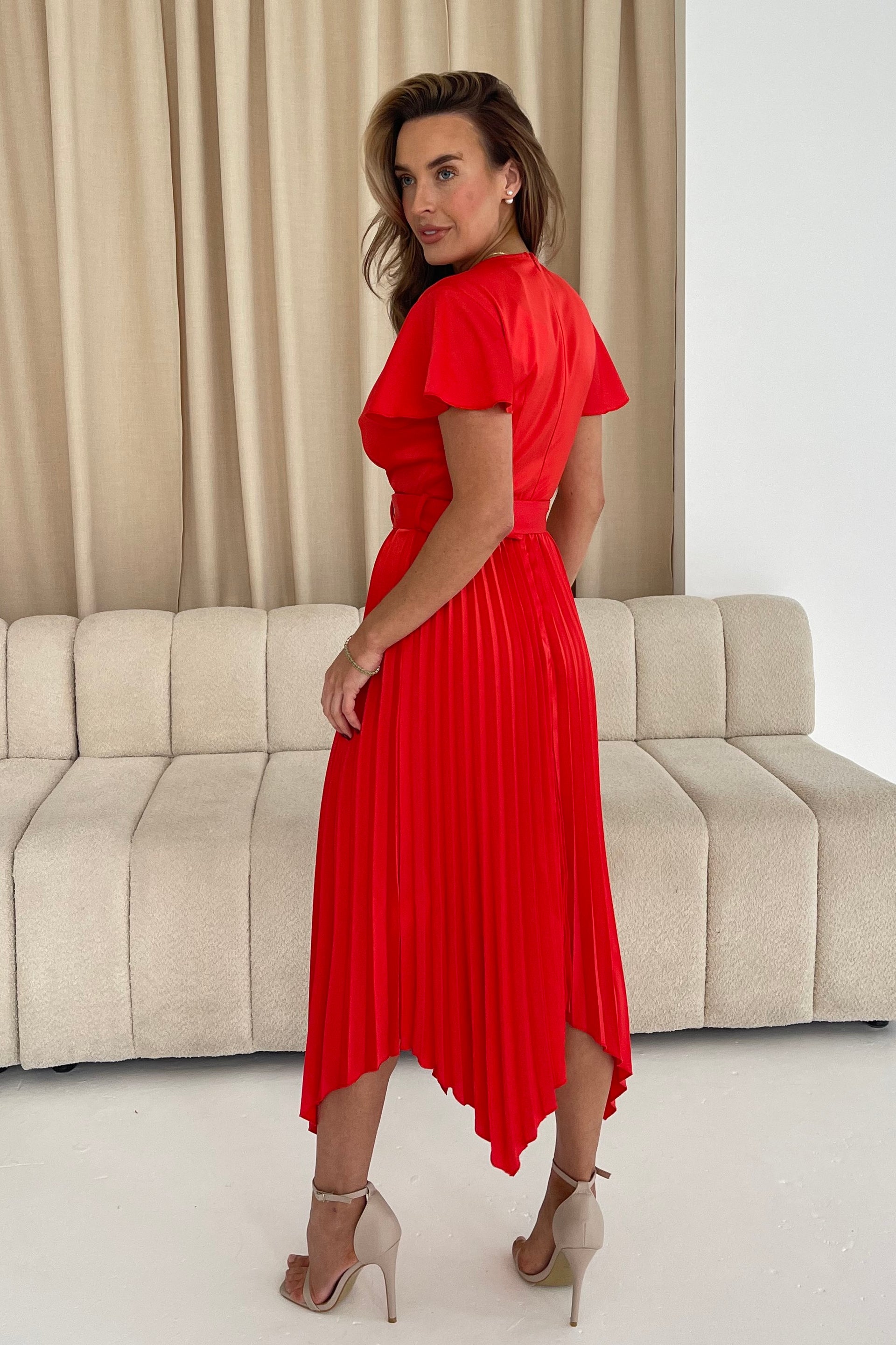 Brooklyn Asymmetric Pleated Skirt Belted Midi Dress Red