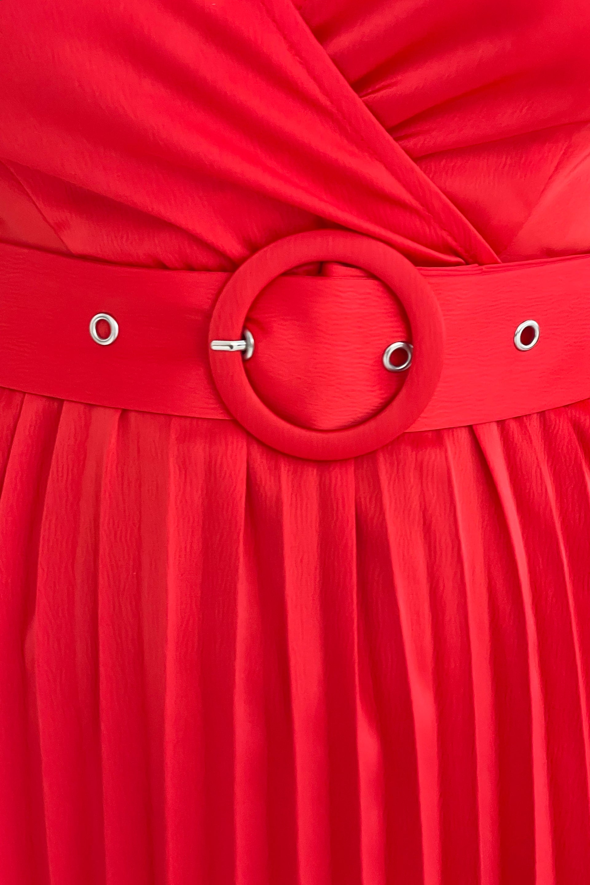 Brooklyn Asymmetric Pleated Skirt Belted Midi Dress Red