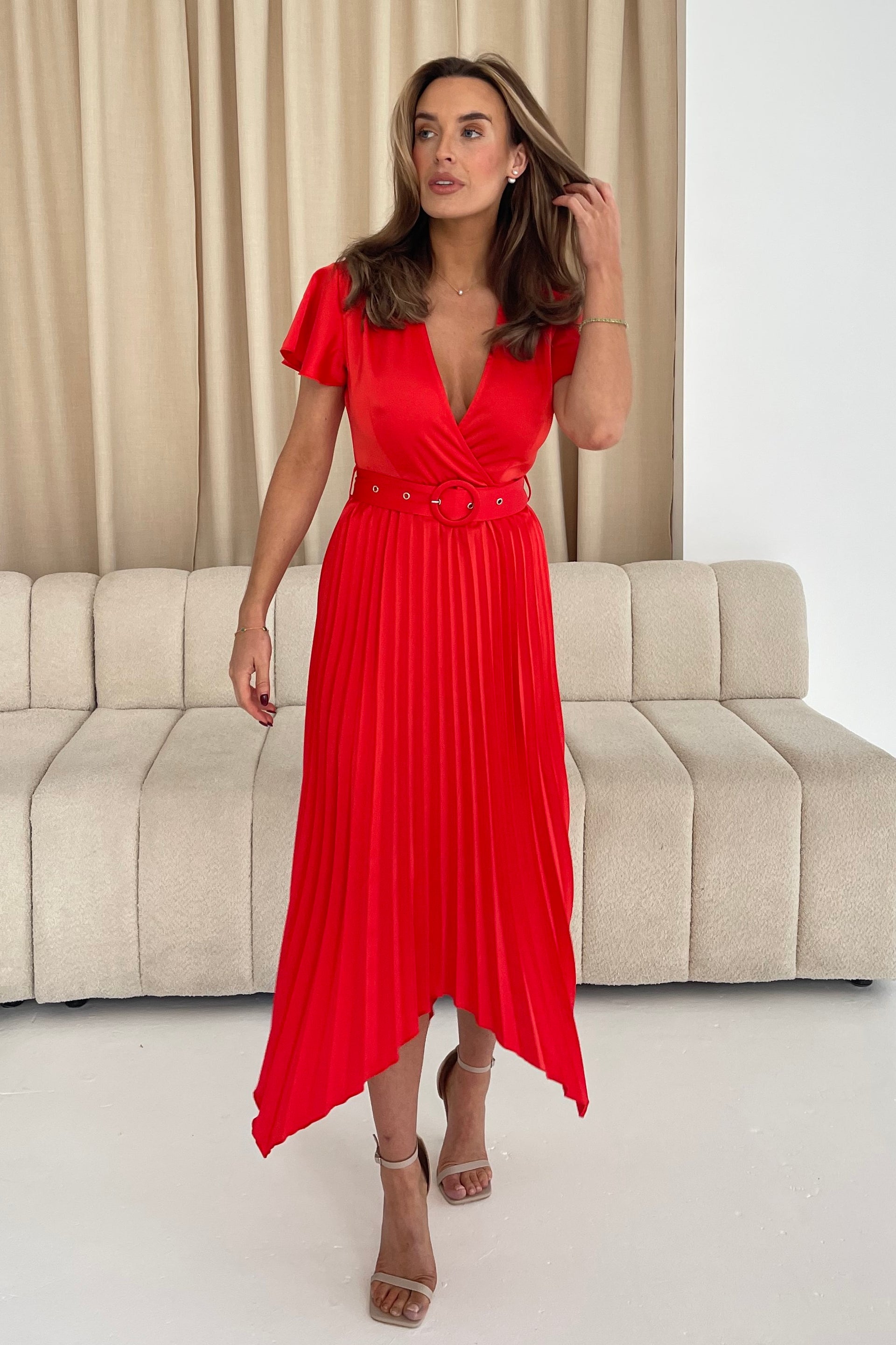 Brooklyn Asymmetric Pleated Skirt Belted Midi Dress Red