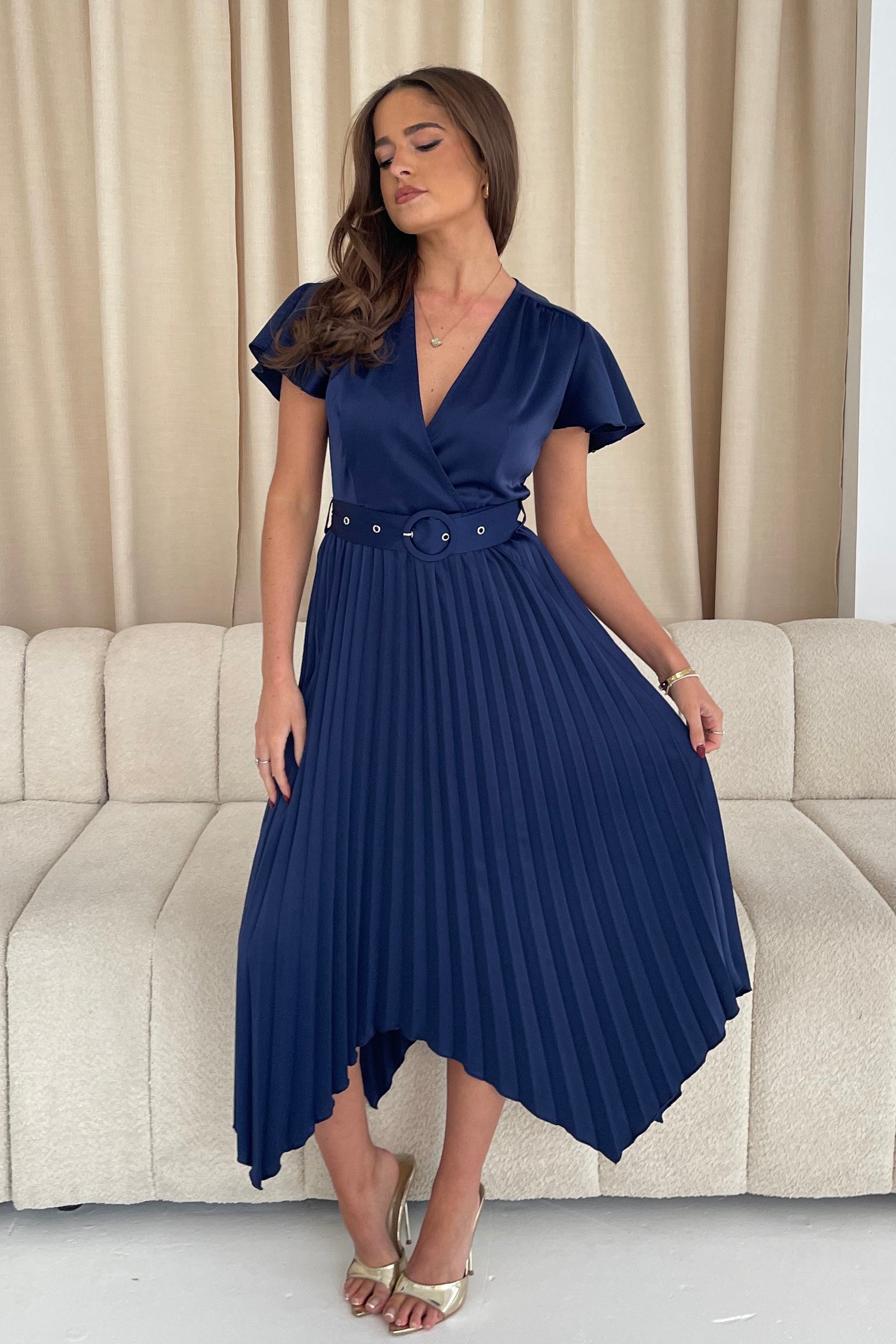 Brooklyn Asymmetric Pleated Skirt Belted Midi Dress Navy