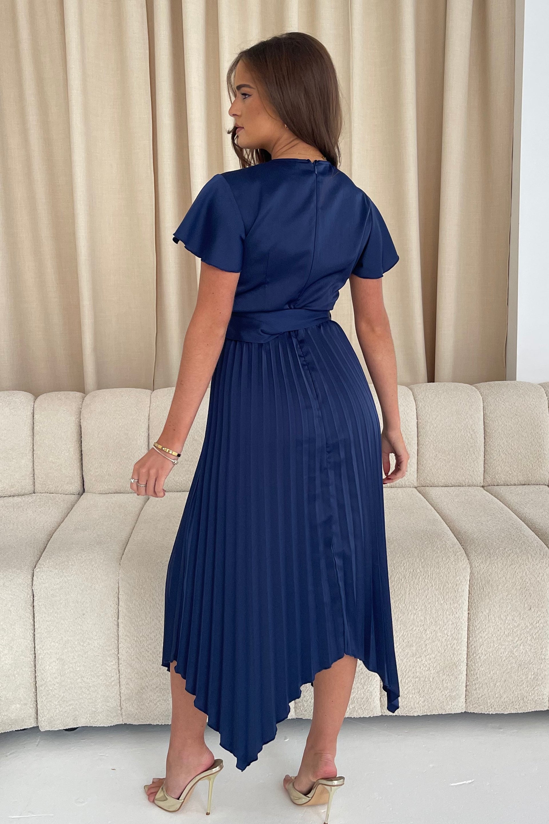 Brooklyn Asymmetric Pleated Skirt Belted Midi Dress Navy