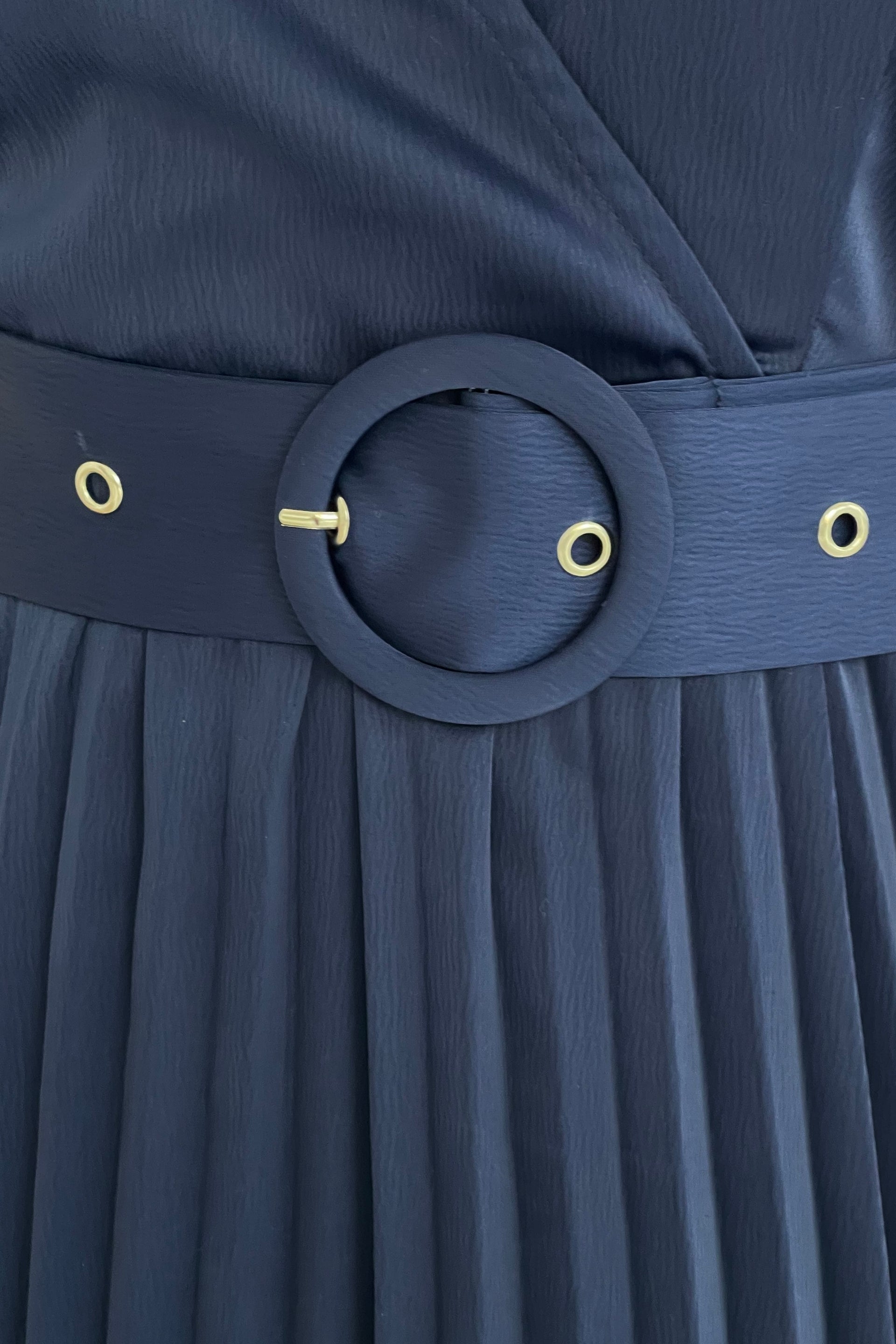 Brooklyn Asymmetric Pleated Skirt Belted Midi Dress Navy