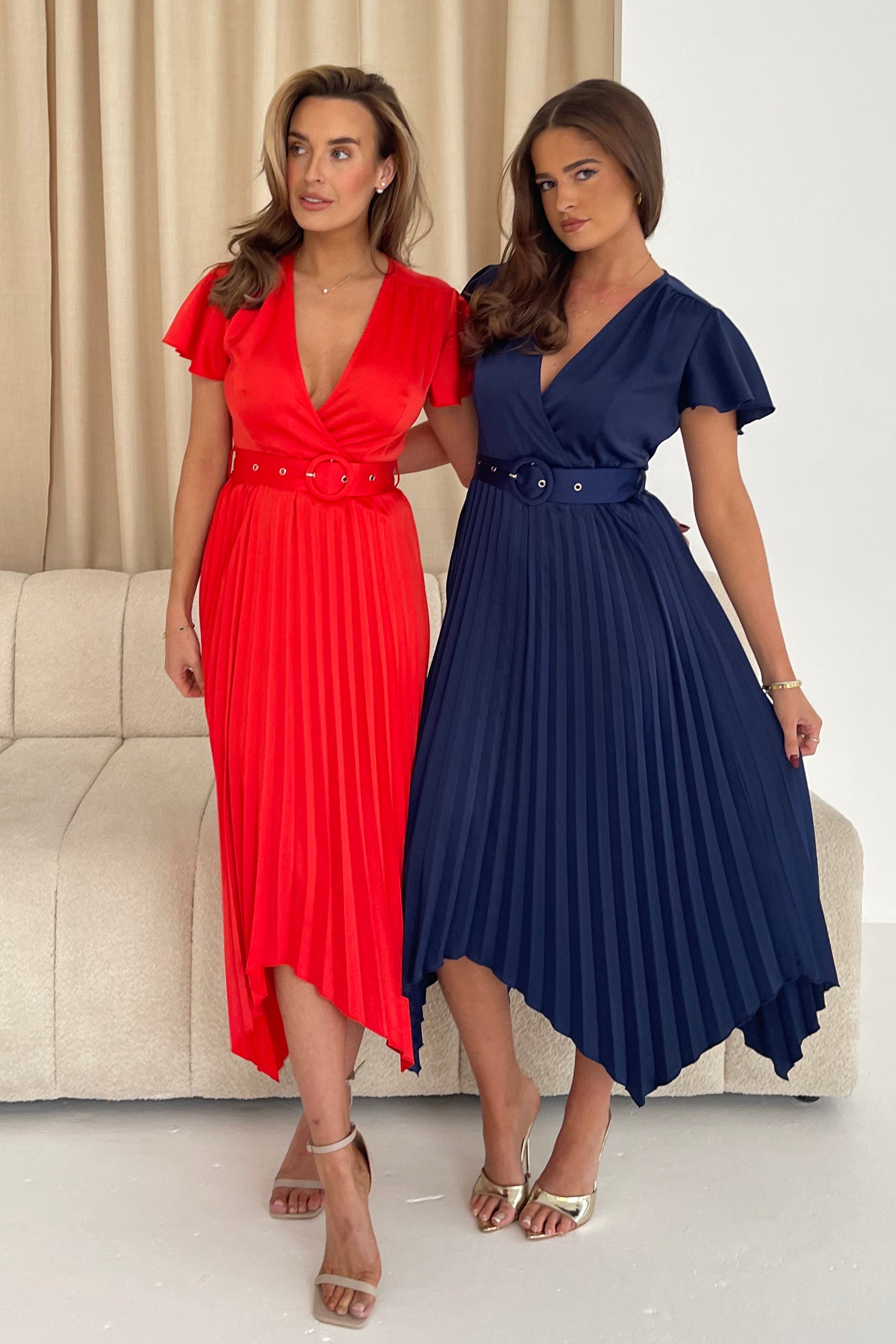 Brooklyn Asymmetric Pleated Skirt Belted Midi Dress Navy