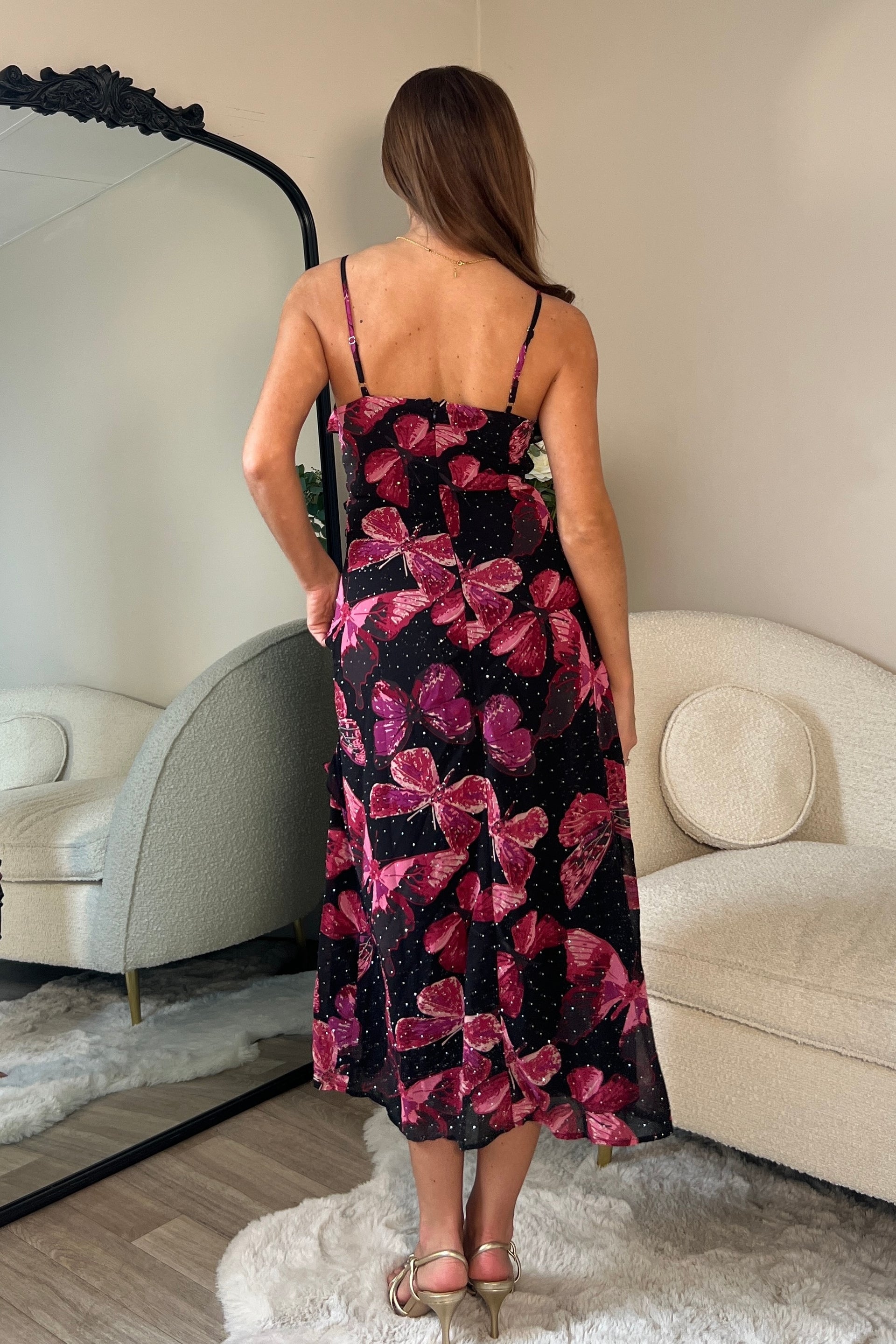 Ainsley Frill Detail Diamond Butterfly Print Midi Dress Black