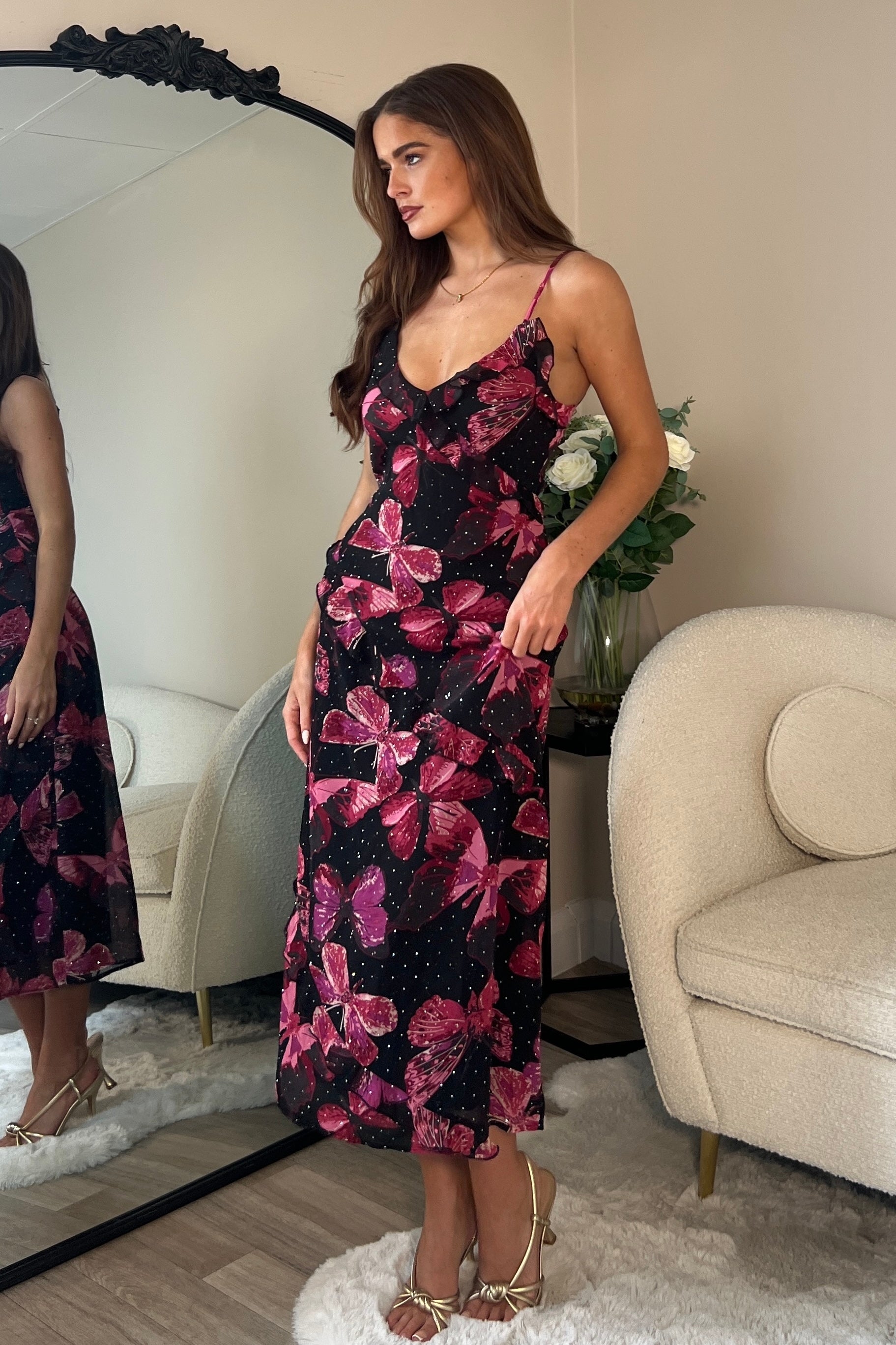 Ainsley Frill Detail Diamond Butterfly Print Midi Dress Black