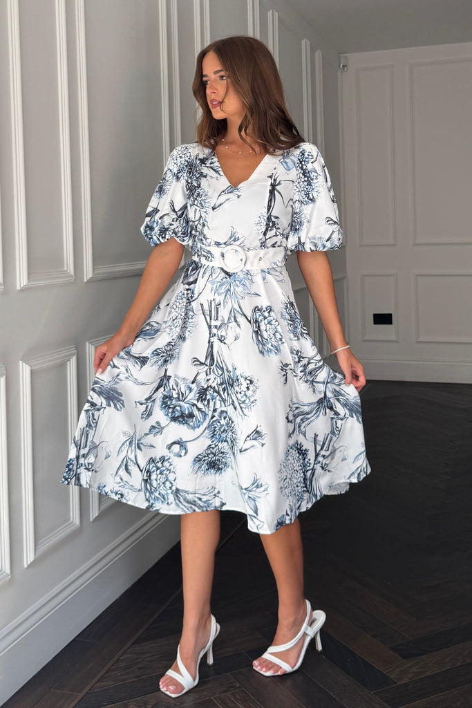 Bryn V Neck Puff Sleeve Belted Midi Dress Blue Floral – Girl In Mind